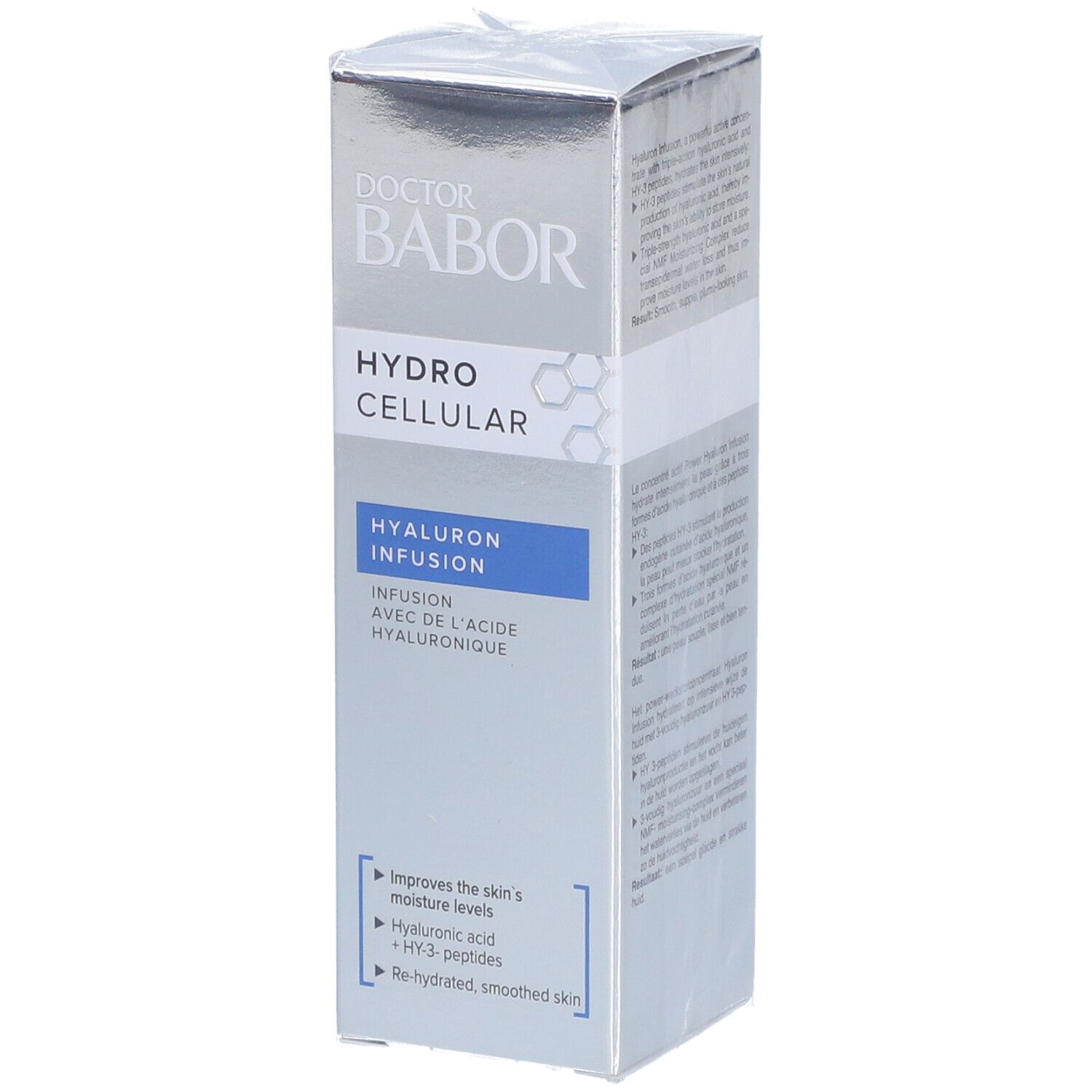 Schachtel mit Produktaufdrucken. Aufschrift: DOCTOR BABOR, HYDRO CELLULAR, HYALURON INFUSION. Blaue Akzente.