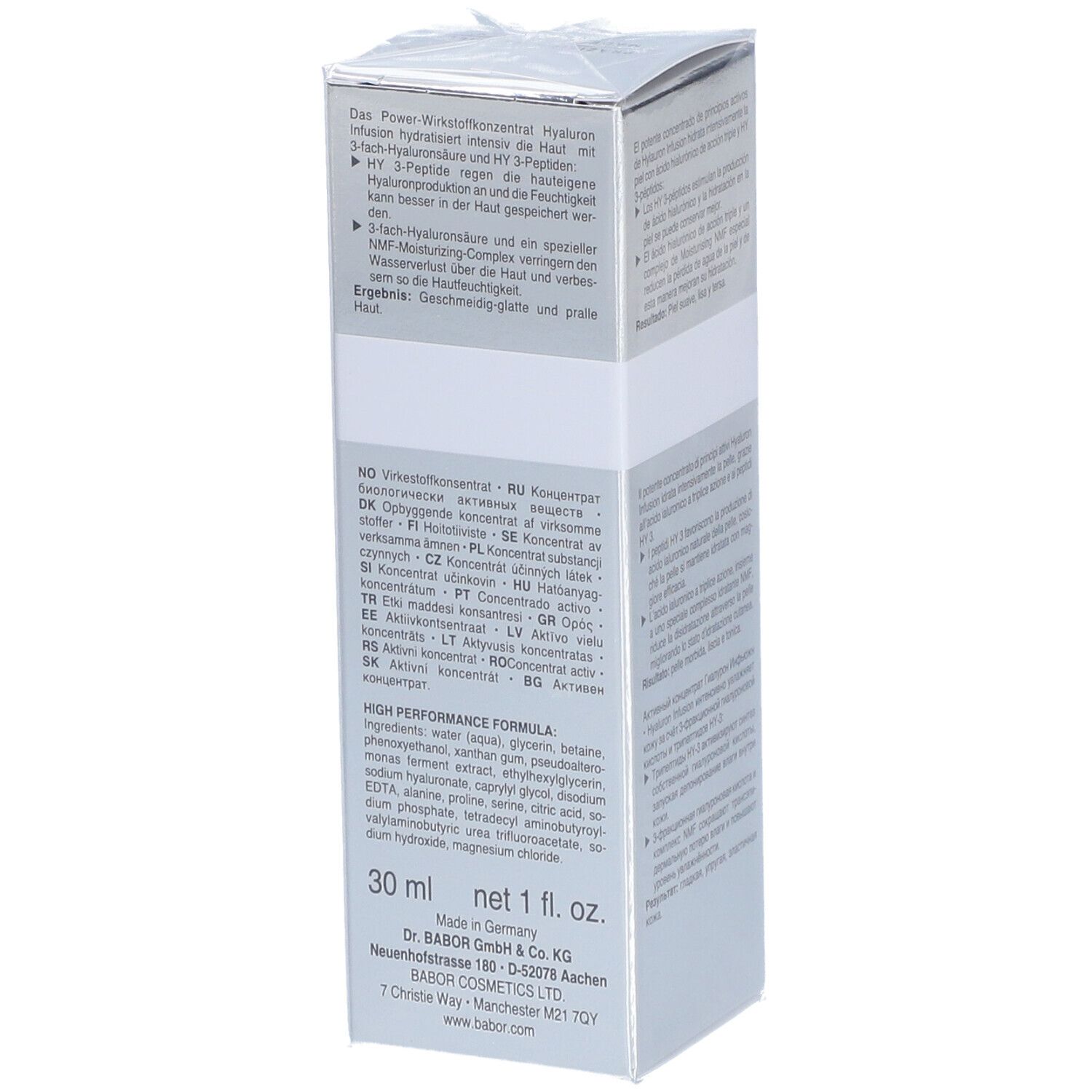 Schachtel, Seitenansicht. Text in mehreren Sprachen. Aufschrift: 30 ml net 1 fl. oz. Made in Germany. Dr. BABOR.