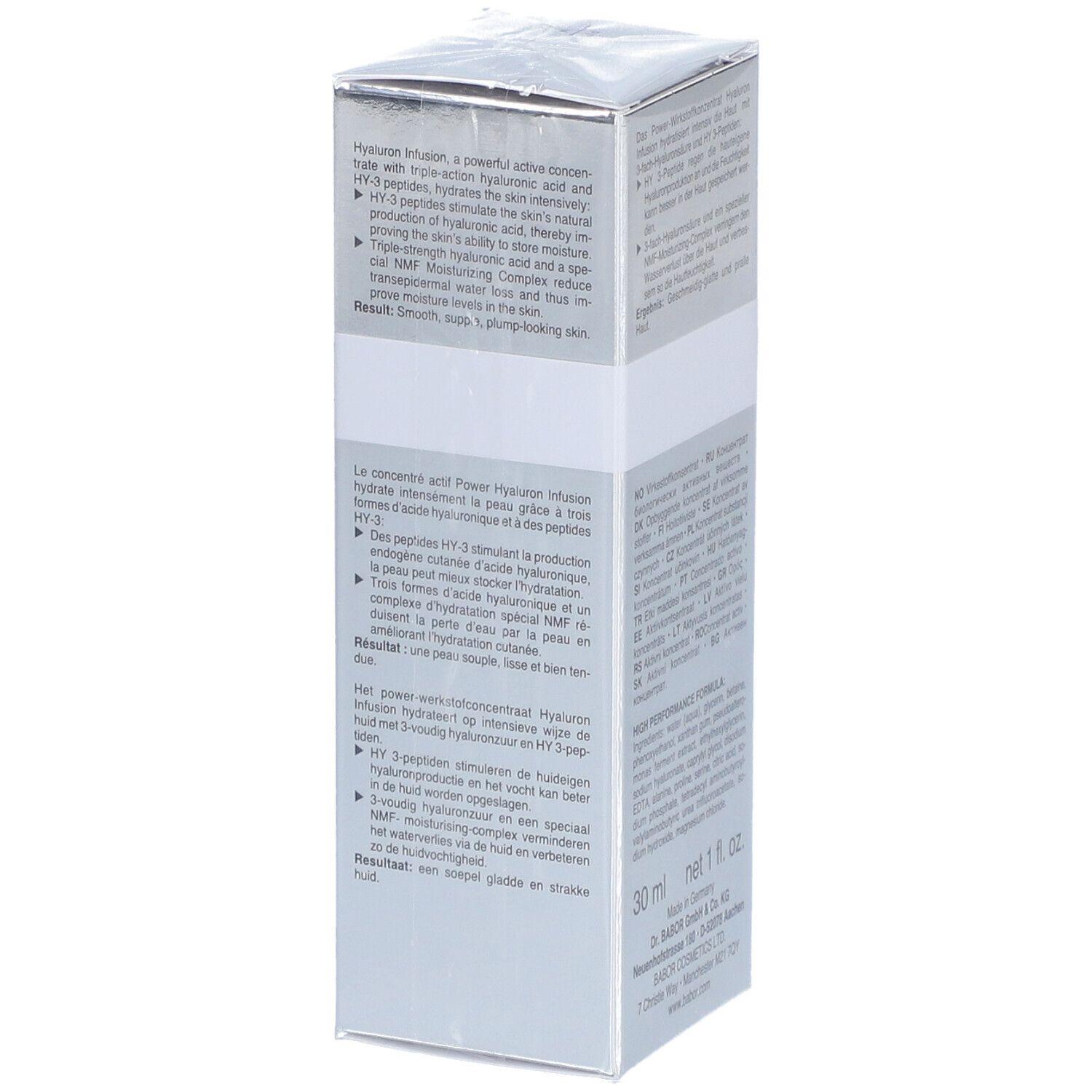 Schachtel, Seitenansicht. Text in mehreren Sprachen. Aufschrift: 30 ml net 1 fl. oz. Made in Germany. Dr. BABOR.
