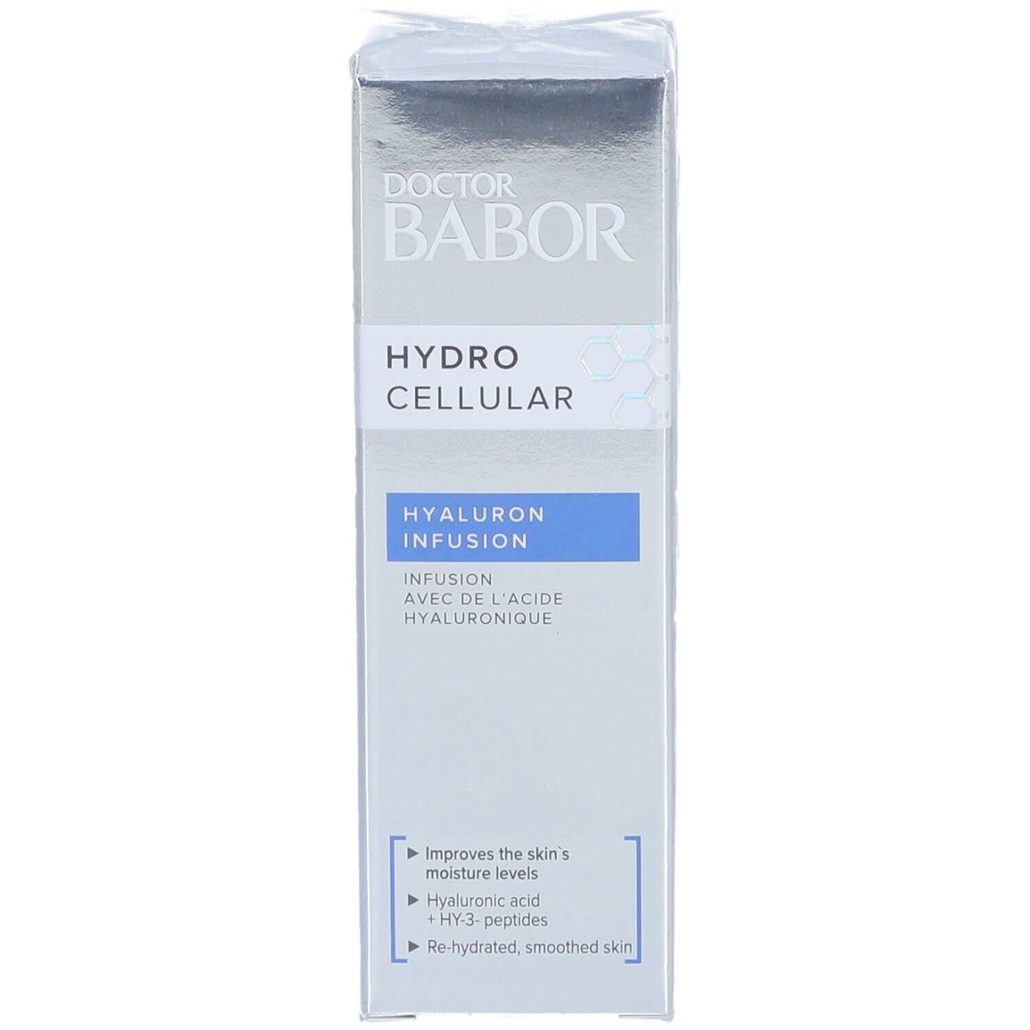 Schachtel mit Produktaufdrucken. Aufschrift: DOCTOR BABOR, HYDRO CELLULAR, HYALURON INFUSION. Blaue Akzente.