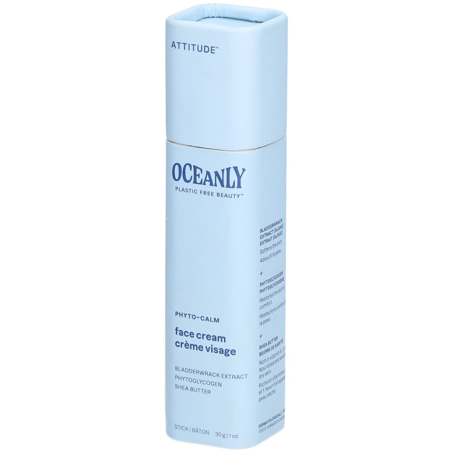 Tube bleu clair avec nom du produit et ingrédients. "ATTITUDE" et "OCEANLY" sont visibles.