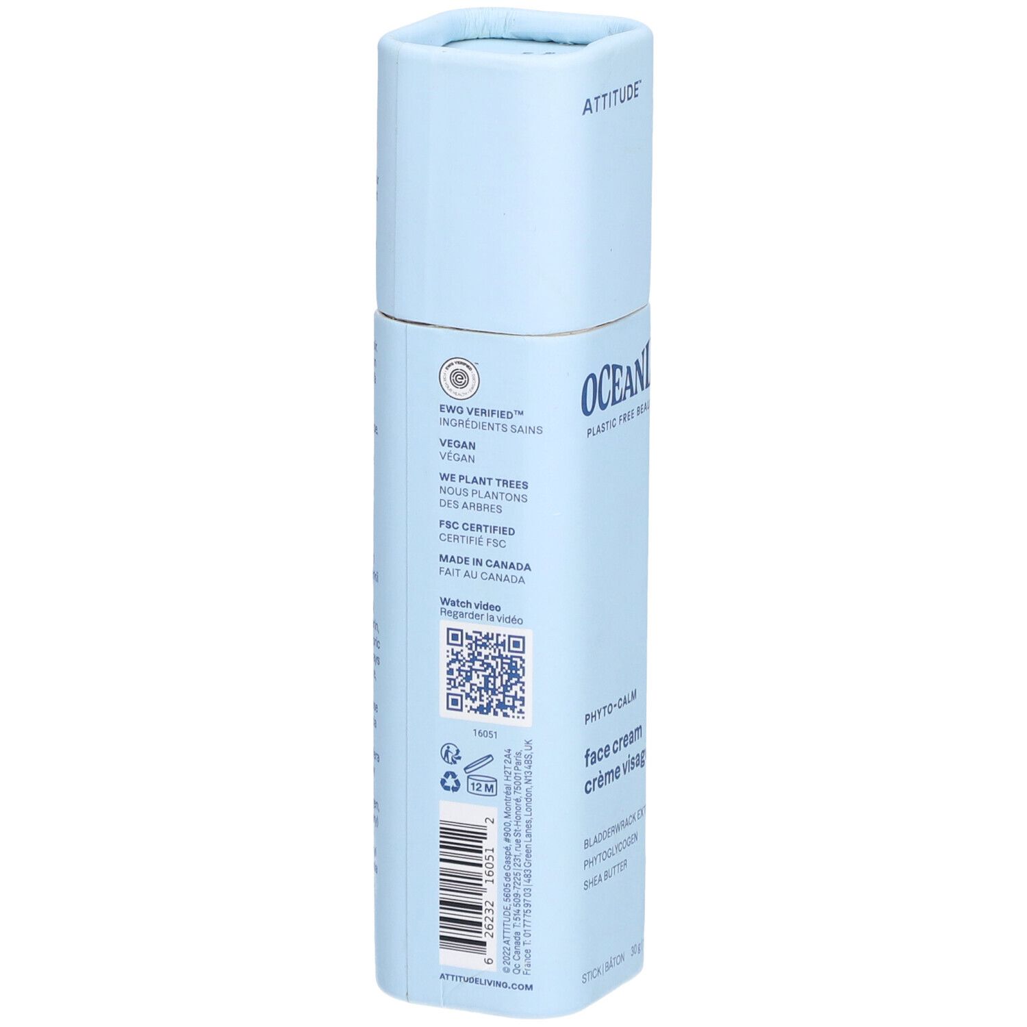 Dos du tube bleu clair. Logos, code QR et informations de certification visibles.