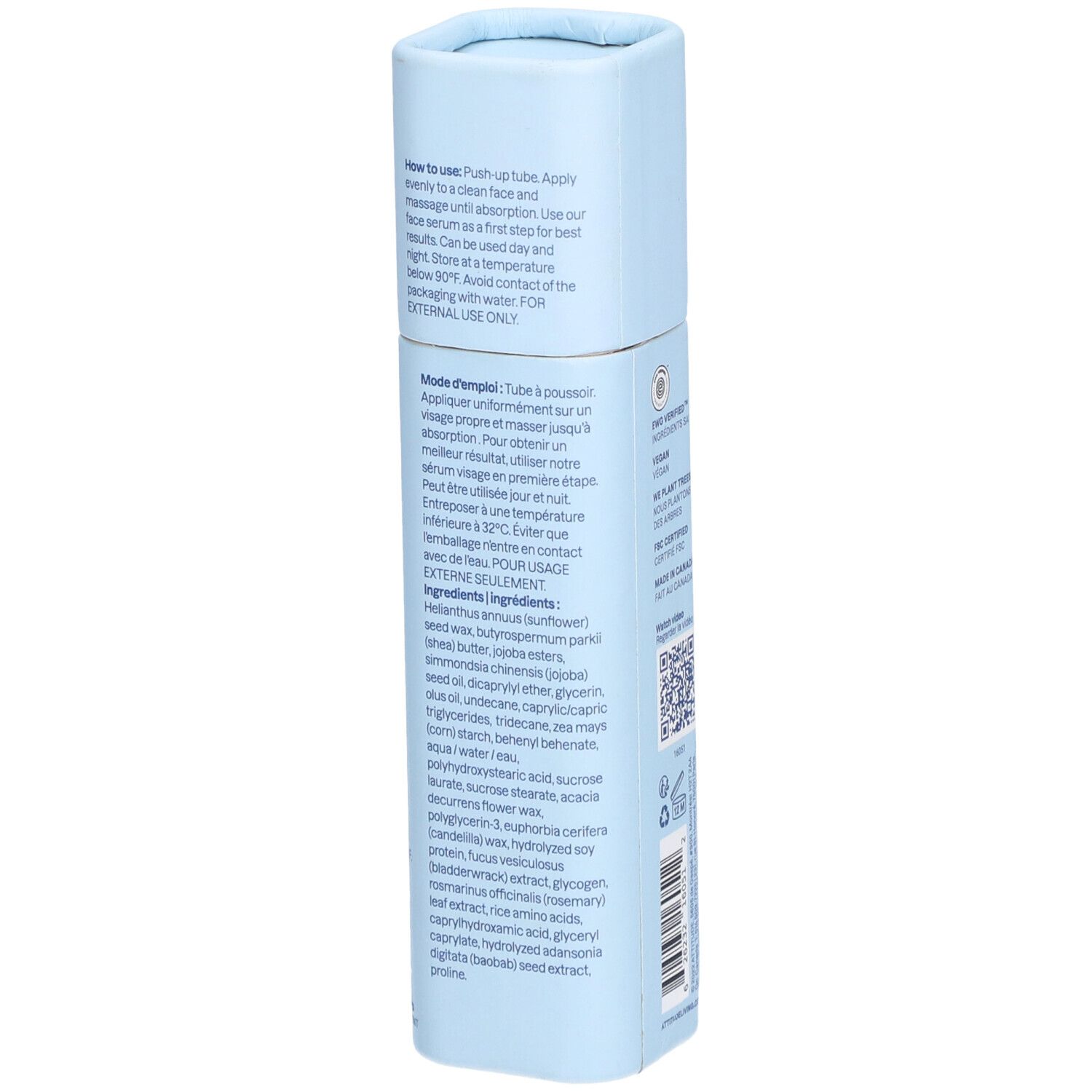 Tube bleu clair avec instructions et ingrédients en anglais et français.