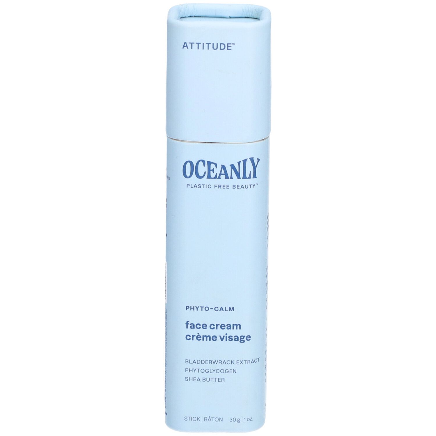 Tube bleu clair avec nom du produit et ingrédients. "ATTITUDE" et "OCEANLY" sont visibles.
