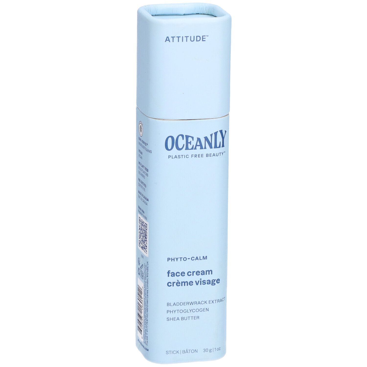 Tube bleu clair avec nom du produit et ingrédients. "ATTITUDE" et "OCEANLY" sont visibles.