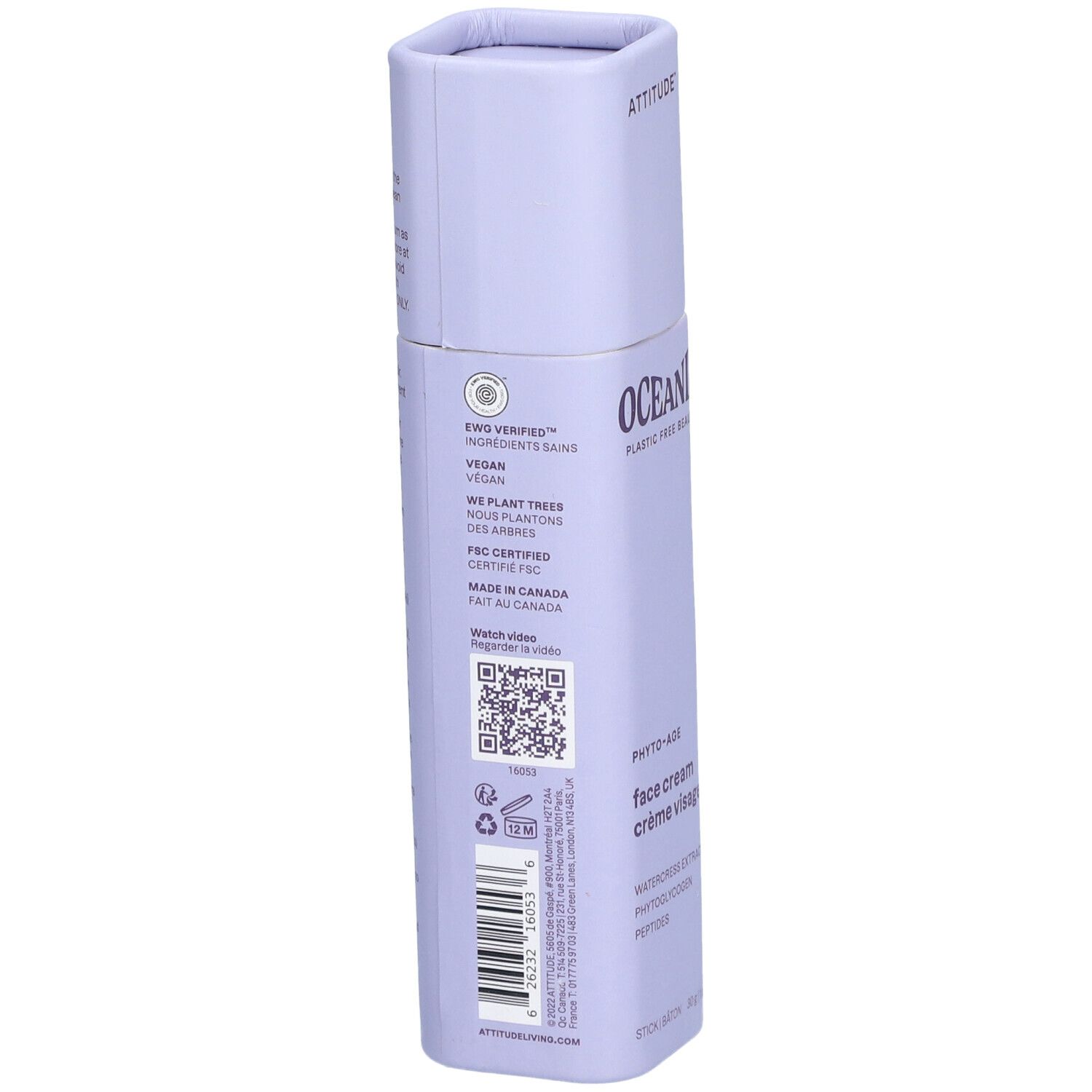 Dos du tube. Inscriptions : OCEANLY, ECOLOGO, vegan, certifié FSC. Code QR. Ingrédients, Fabriqué au Canada.