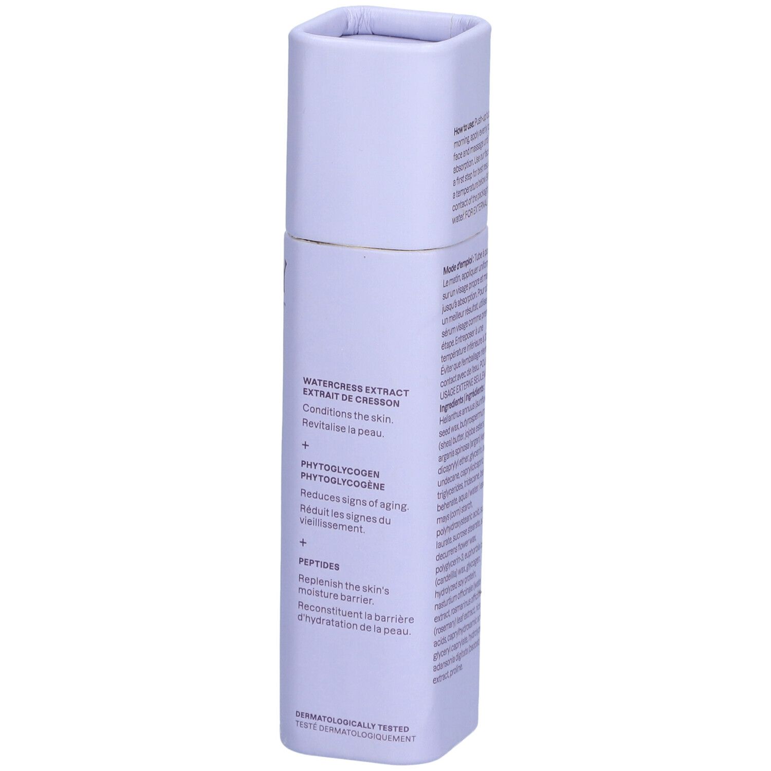 Dos du tube. Description des ingrédients : WATERCRESS EXTRACT, PHYTO-GLYCOGEN, PEPTIDES. Testé dermatologiquement.