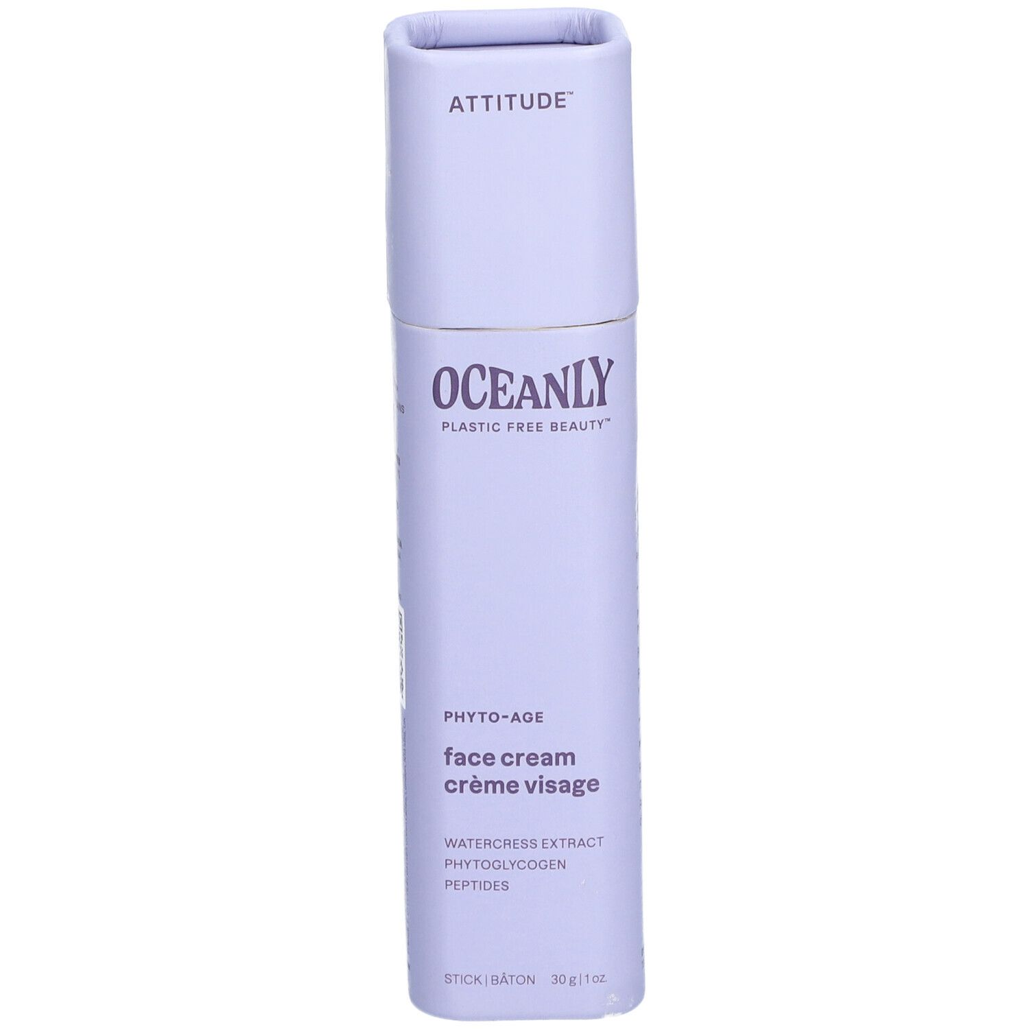 Tube violet clair avec couvercle carré. Inscriptions : ATTITUDE, OCEANLY, Phyto-Age, crème visage. Ingrédients.