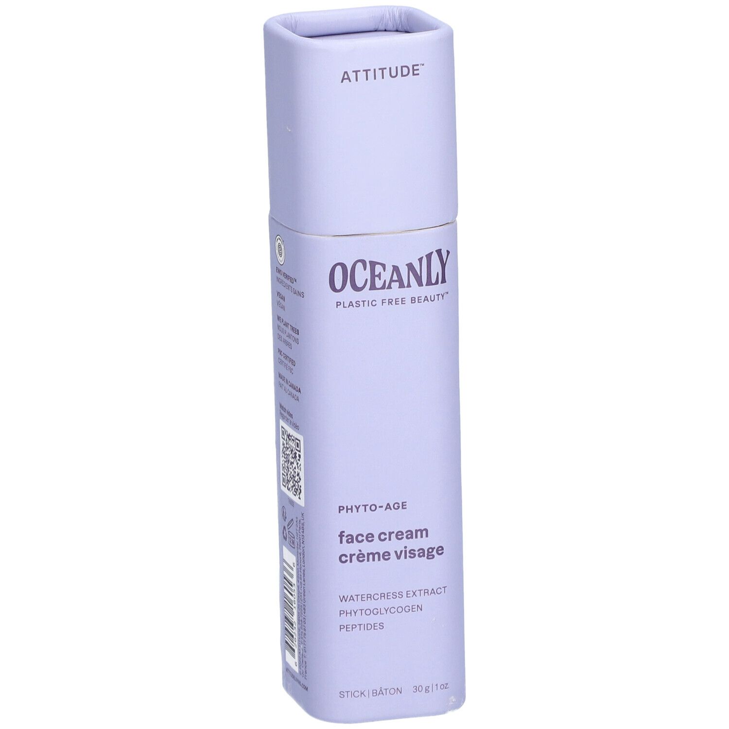 Tube violet clair avec couvercle carré. Inscriptions : ATTITUDE, OCEANLY, Phyto-Age, crème visage. Ingrédients.