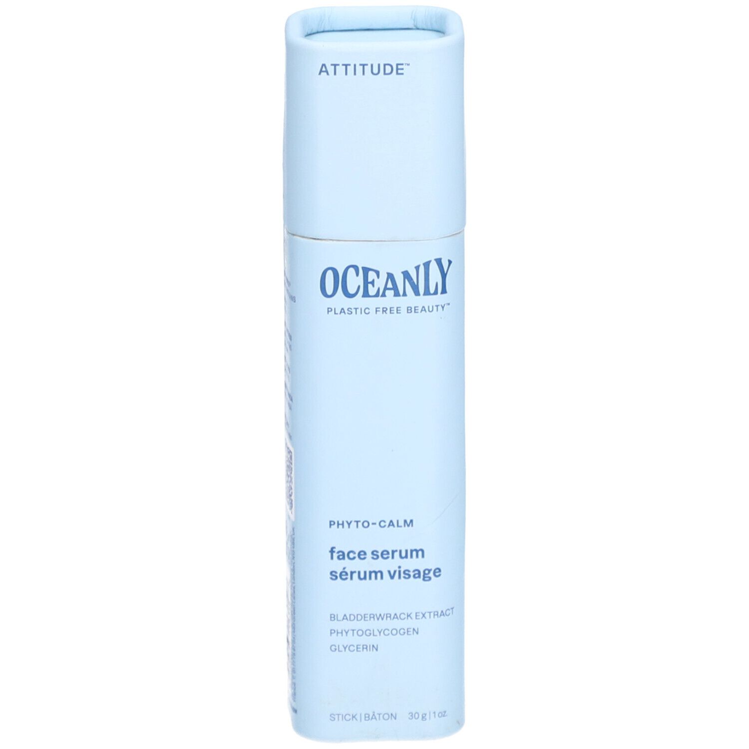 Lichtblauw serum in stickvorm. Opschrift: OCEANLY, Phyto-Calm, Face Serum. Ingrediënten: Glycerine, Bladderwrack Extract, Phytoglycogen.