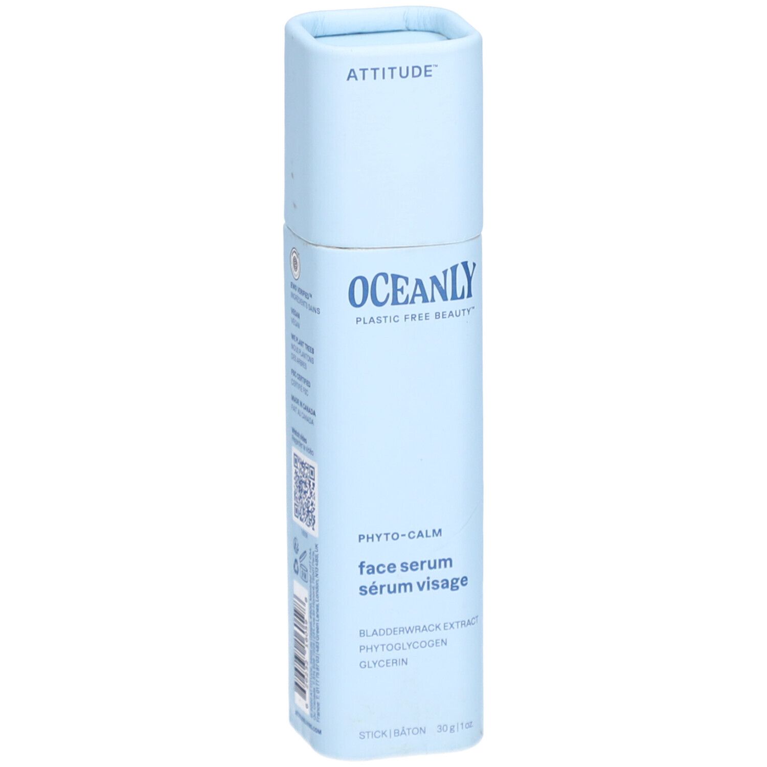 Lichtblauw serum in stickvorm. Opschrift: OCEANLY, Phyto-Calm, Face Serum. Ingrediënten: Glycerine, Bladderwrack Extract, Phytoglycogen.