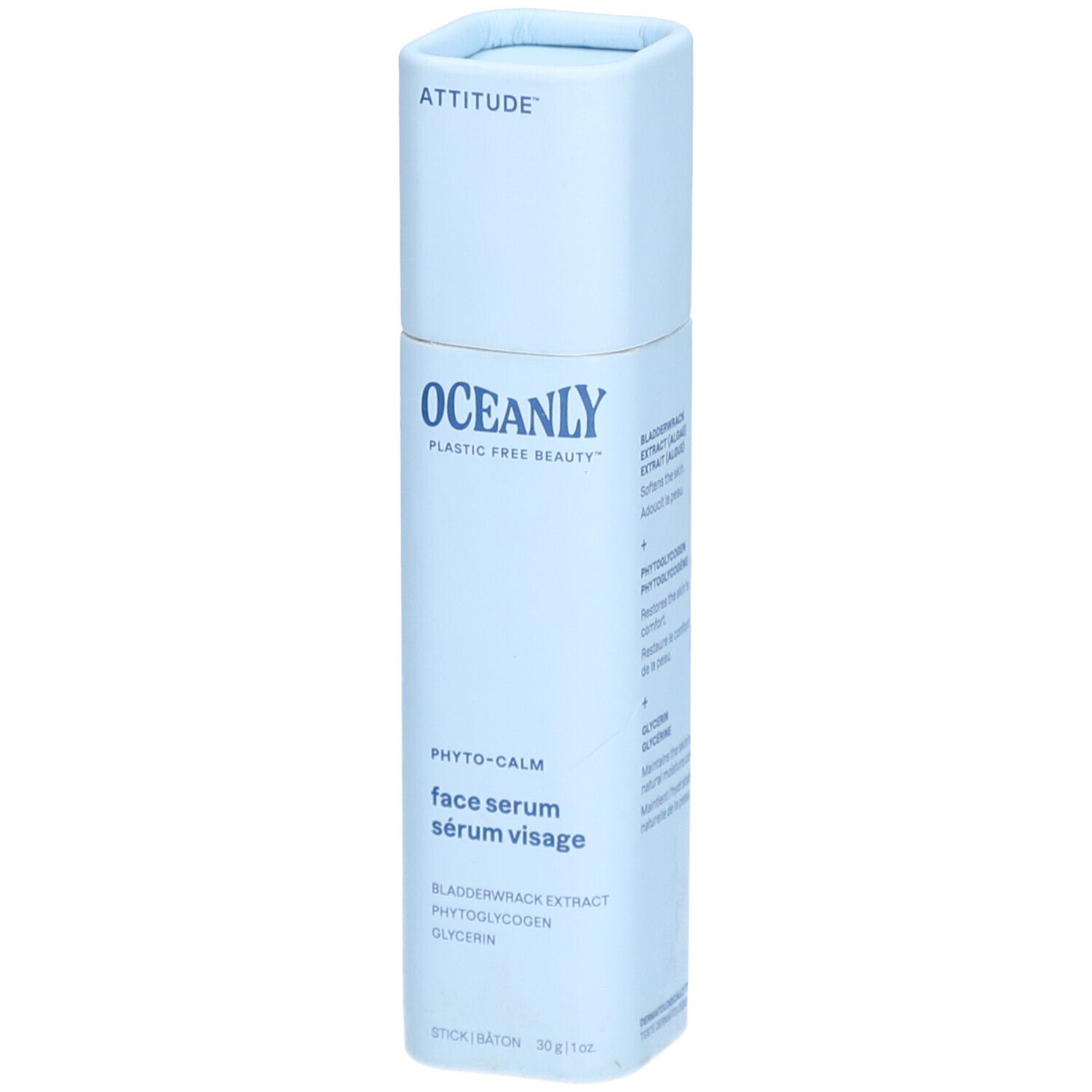 Lichtblauw serum in stickvorm. Opschrift: OCEANLY, Phyto-Calm, Face Serum. Ingrediënten: Glycerine, Bladderwrack Extract, Phytoglycogen.