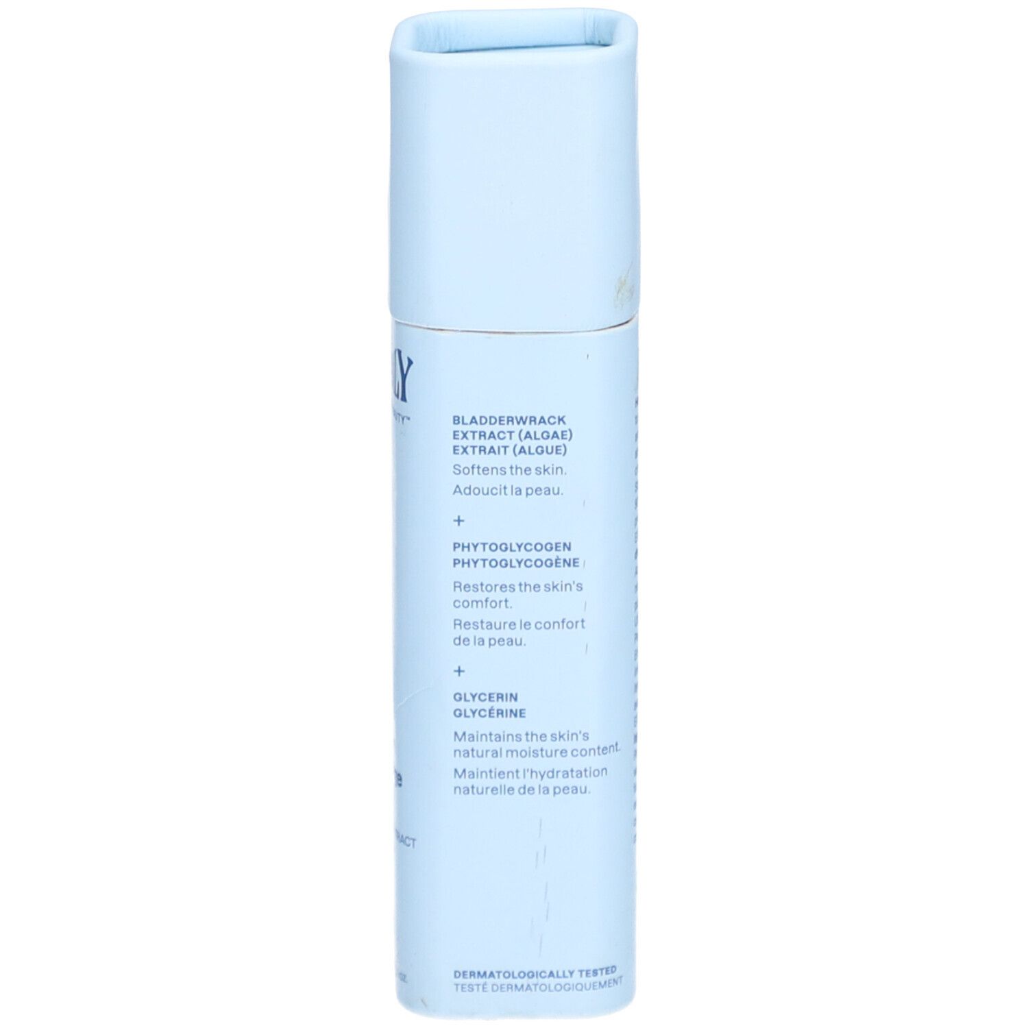 Lichtblauwe serumstick. Opschrift: Bladderwrack Extract, Phytoglycogen, Glycerine. Dermatologisch getest.