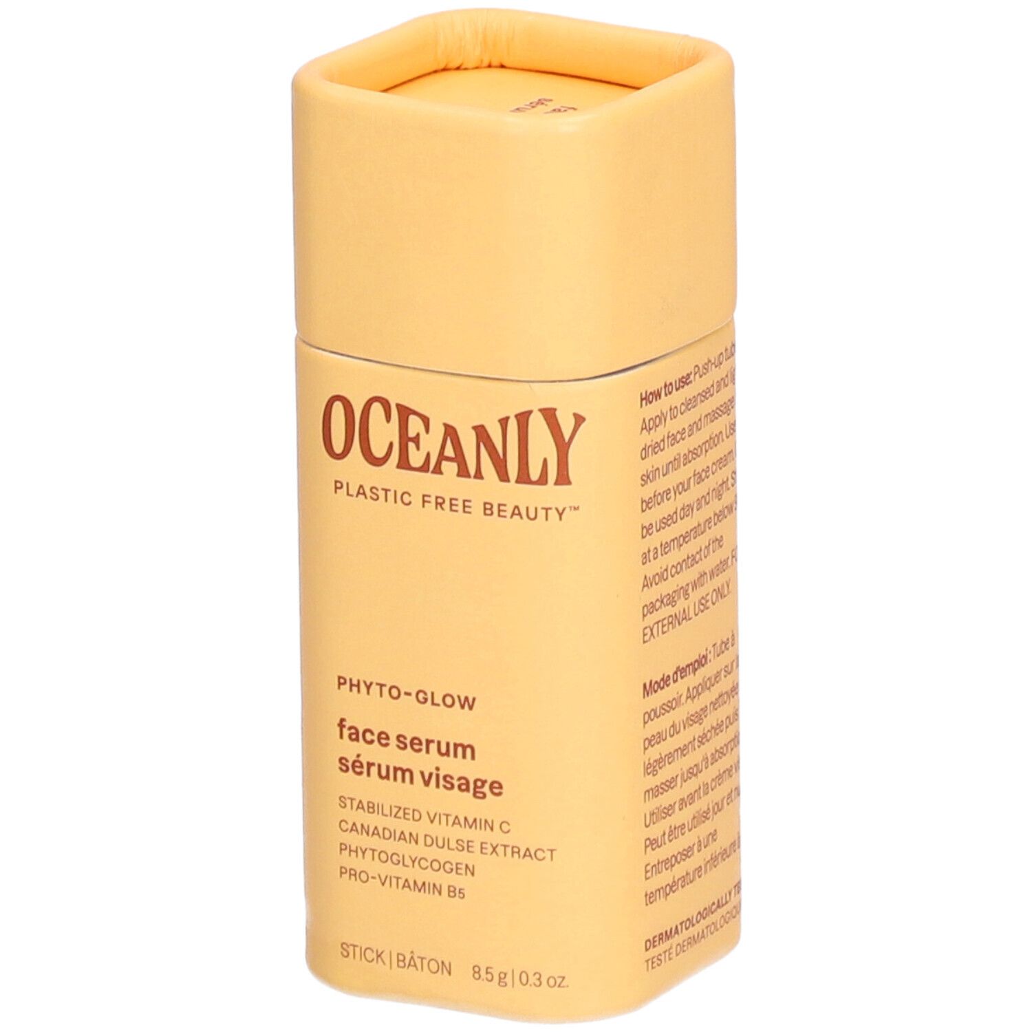 Cilindrische verpakking met "OCEANLY" en "Phyto-Glow". Bevat "face serum sérum visage".