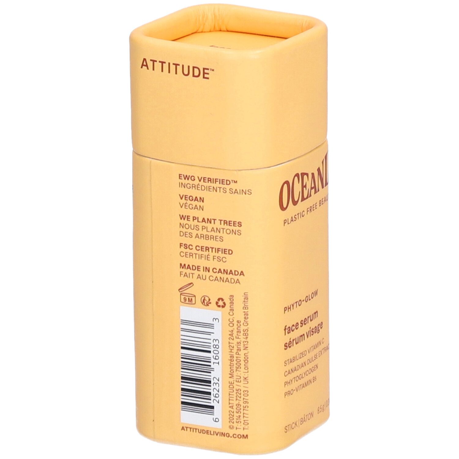 Cilindrische verpakking met "ATTITUDE" en "OCEANLY". Bevat informatie over certificeringen en ingrediënten.