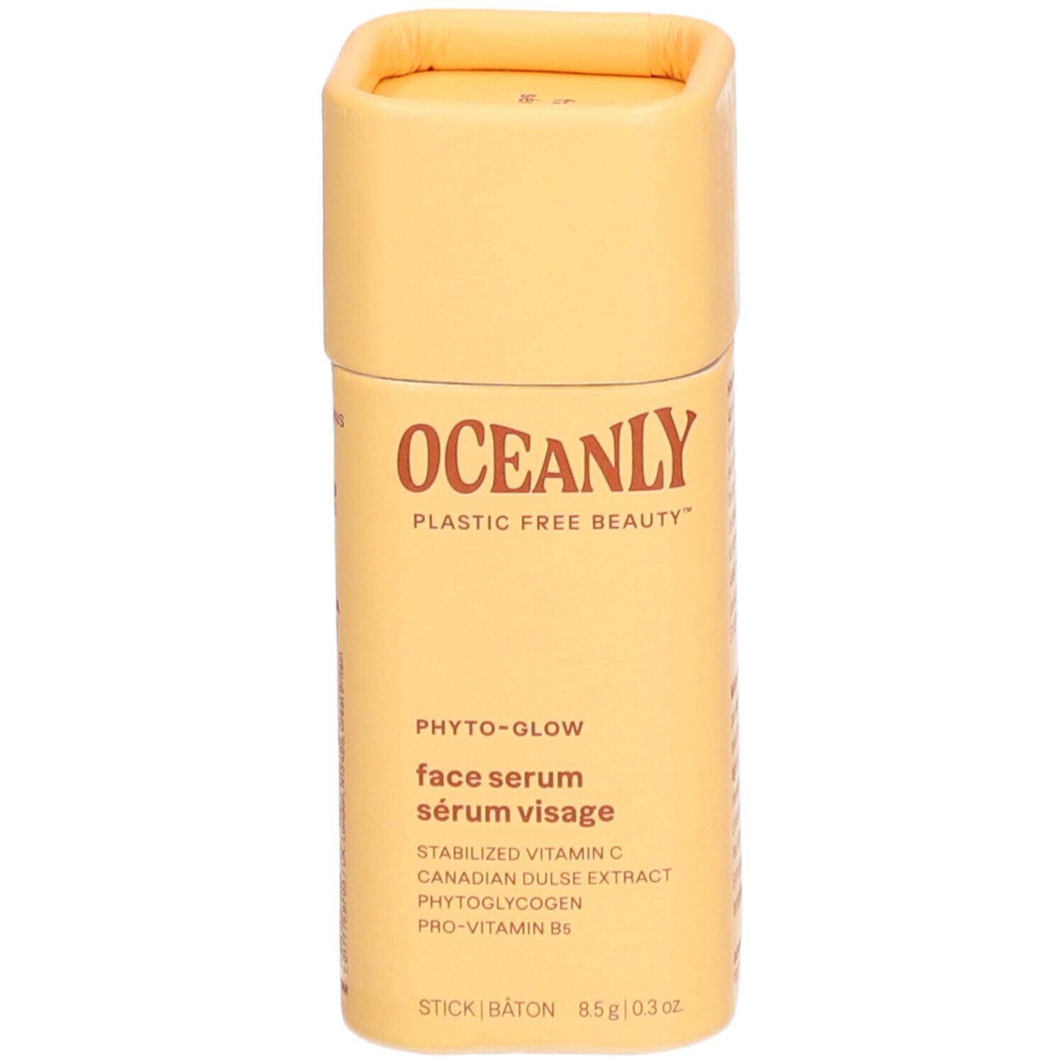Cilindrische verpakking met "OCEANLY" en "Phyto-Glow". Bevat "face serum sérum visage".