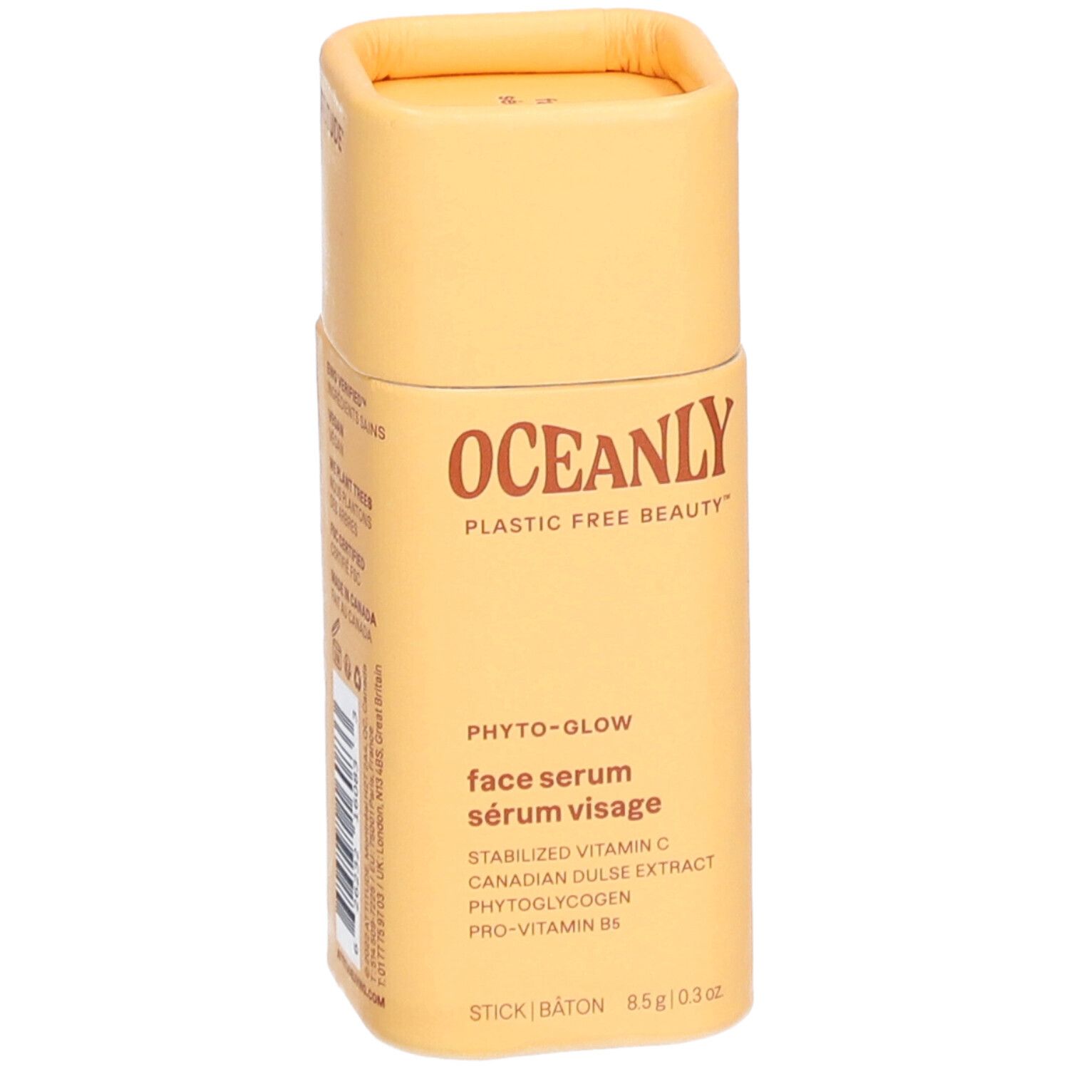 Cilindrische verpakking met "OCEANLY" en "Phyto-Glow". Bevat "face serum sérum visage".