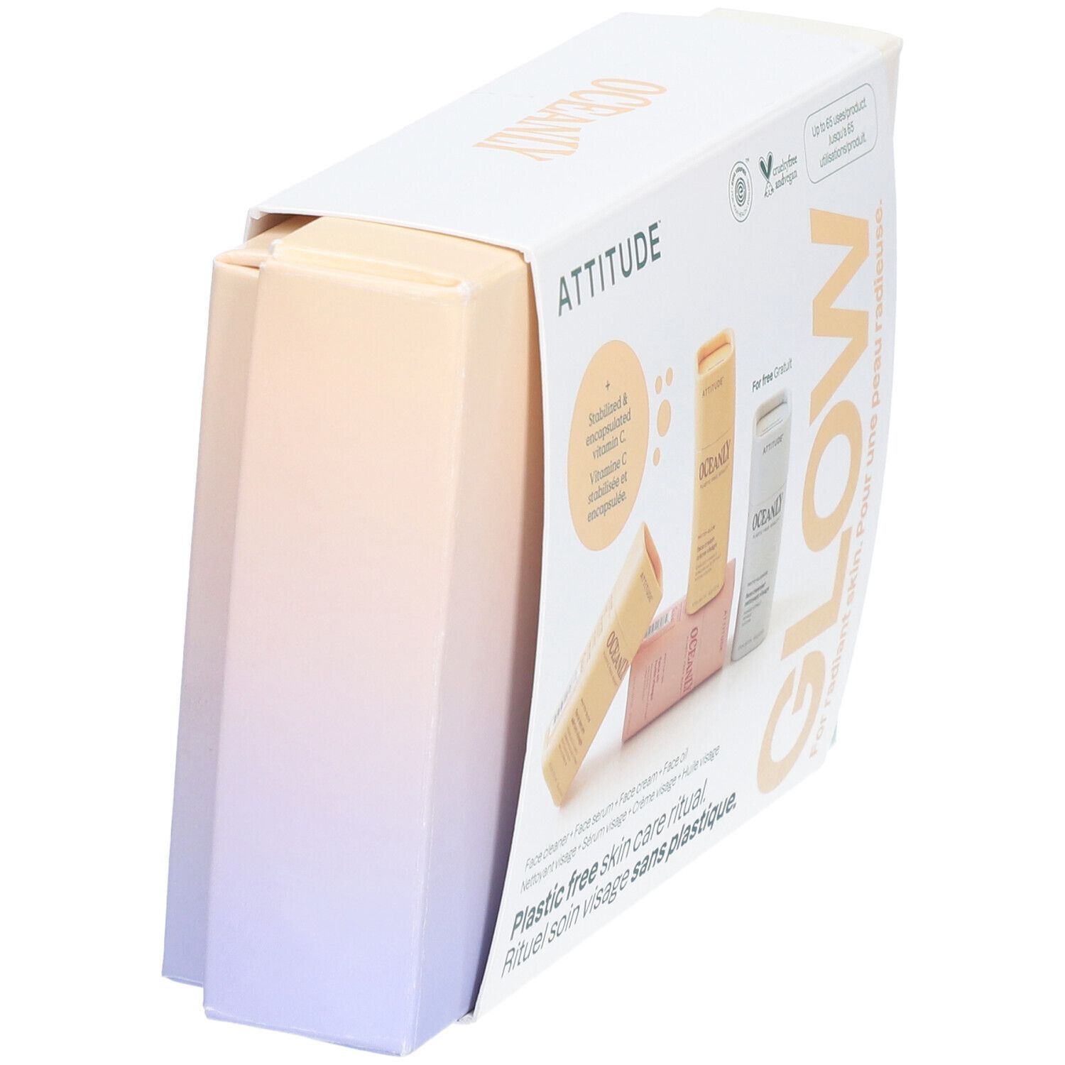 Coffret cadeau avec quatre mini-soins du visage. Contient nettoyant, sérum, crème et huile. Certifié végétalien.