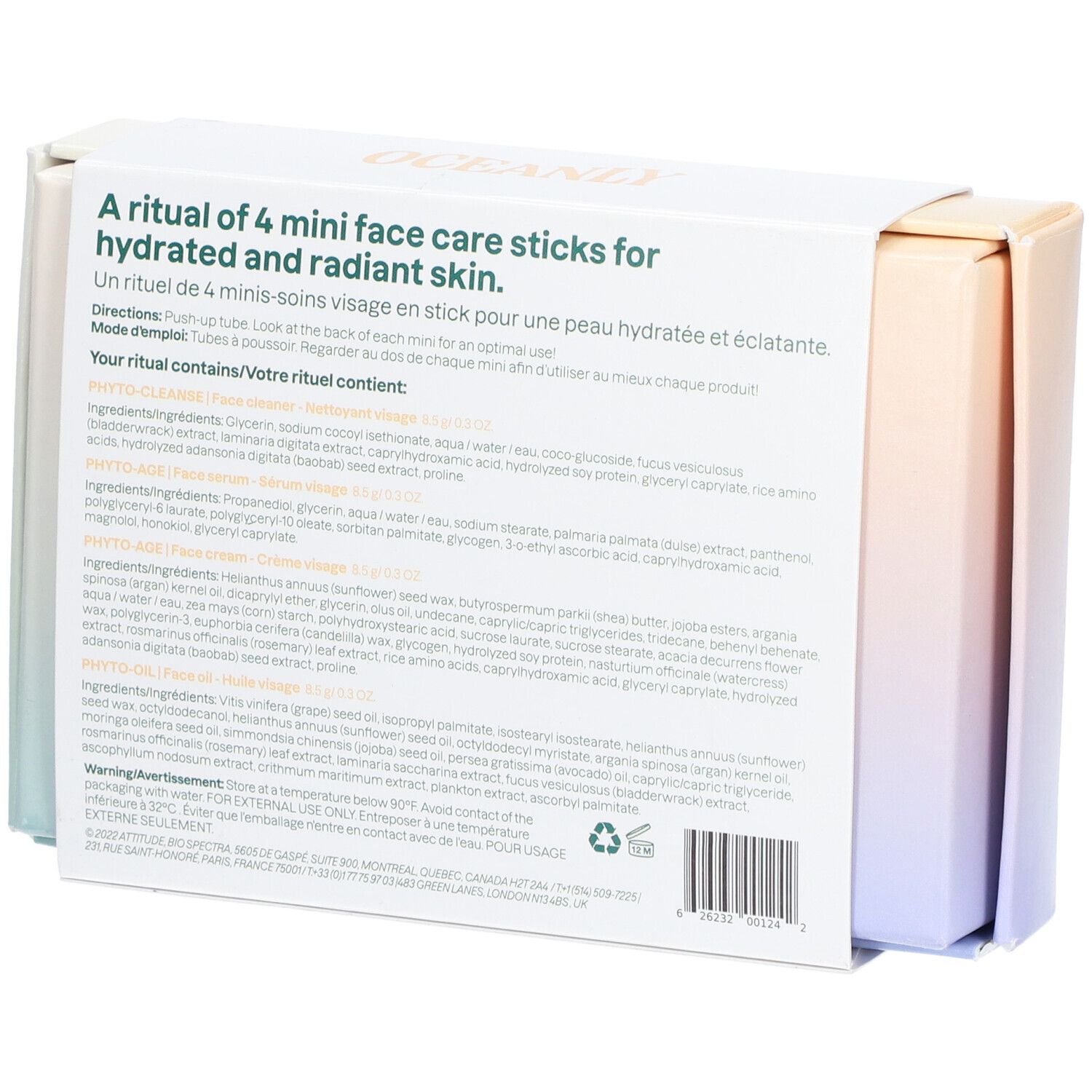 Dos du coffret cadeau avec informations sur le contenu. Contient quatre mini-soins du visage. Certifié végétalien.