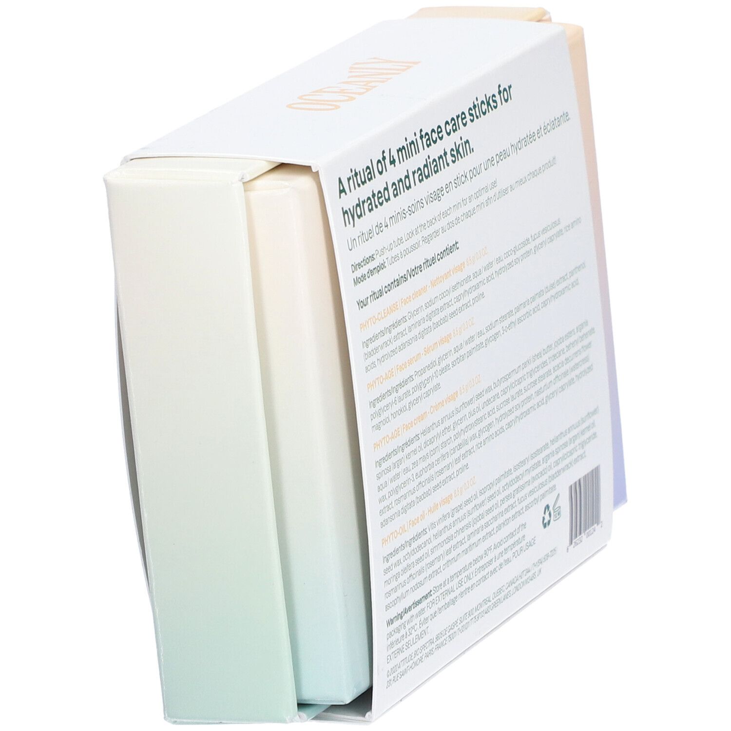 Coffret cadeau avec quatre mini-soins du visage. Contient nettoyant, sérum, crème et huile. Certifié végétalien.