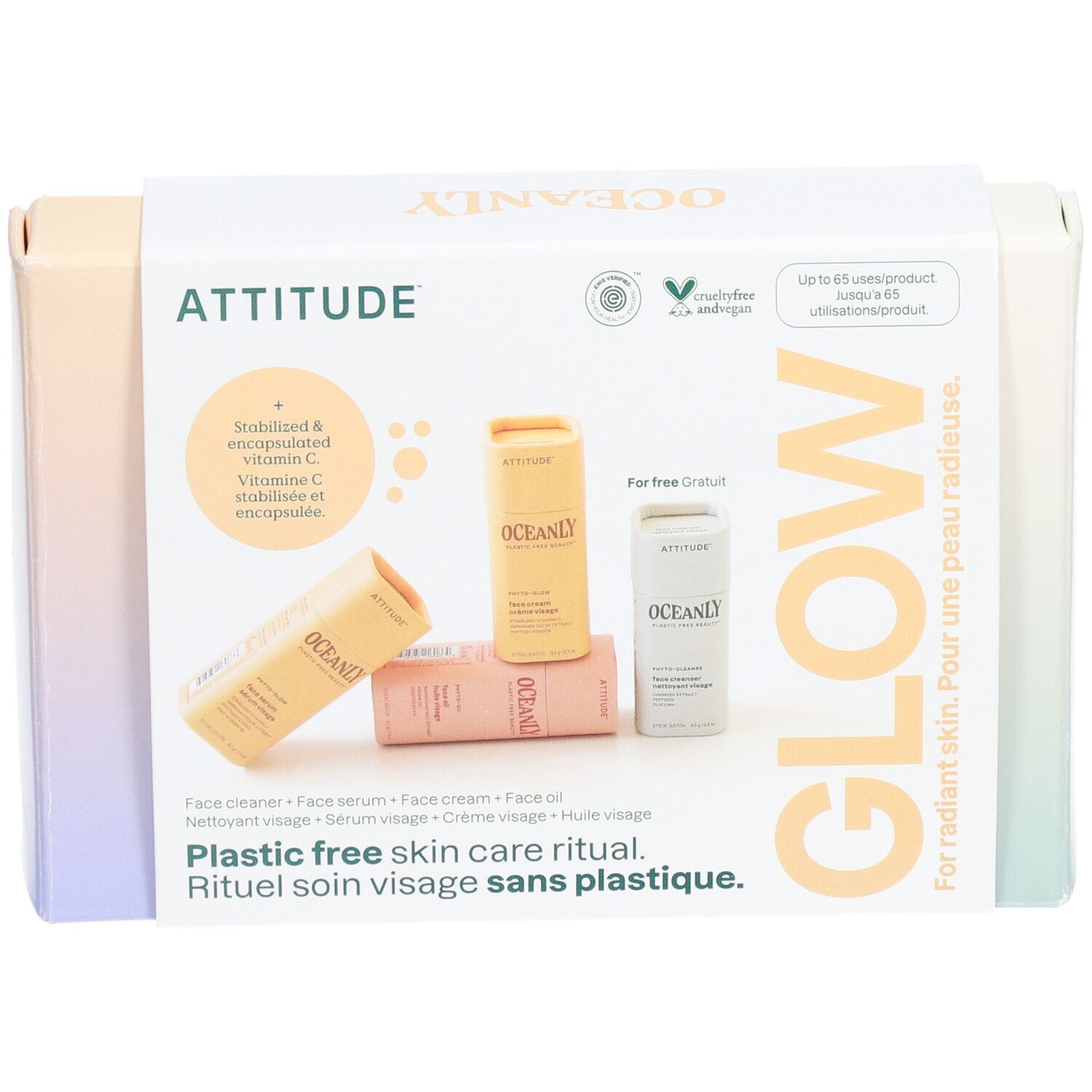 Coffret cadeau avec quatre mini-soins du visage. Contient nettoyant, sérum, crème et huile. Certifié végétalien.