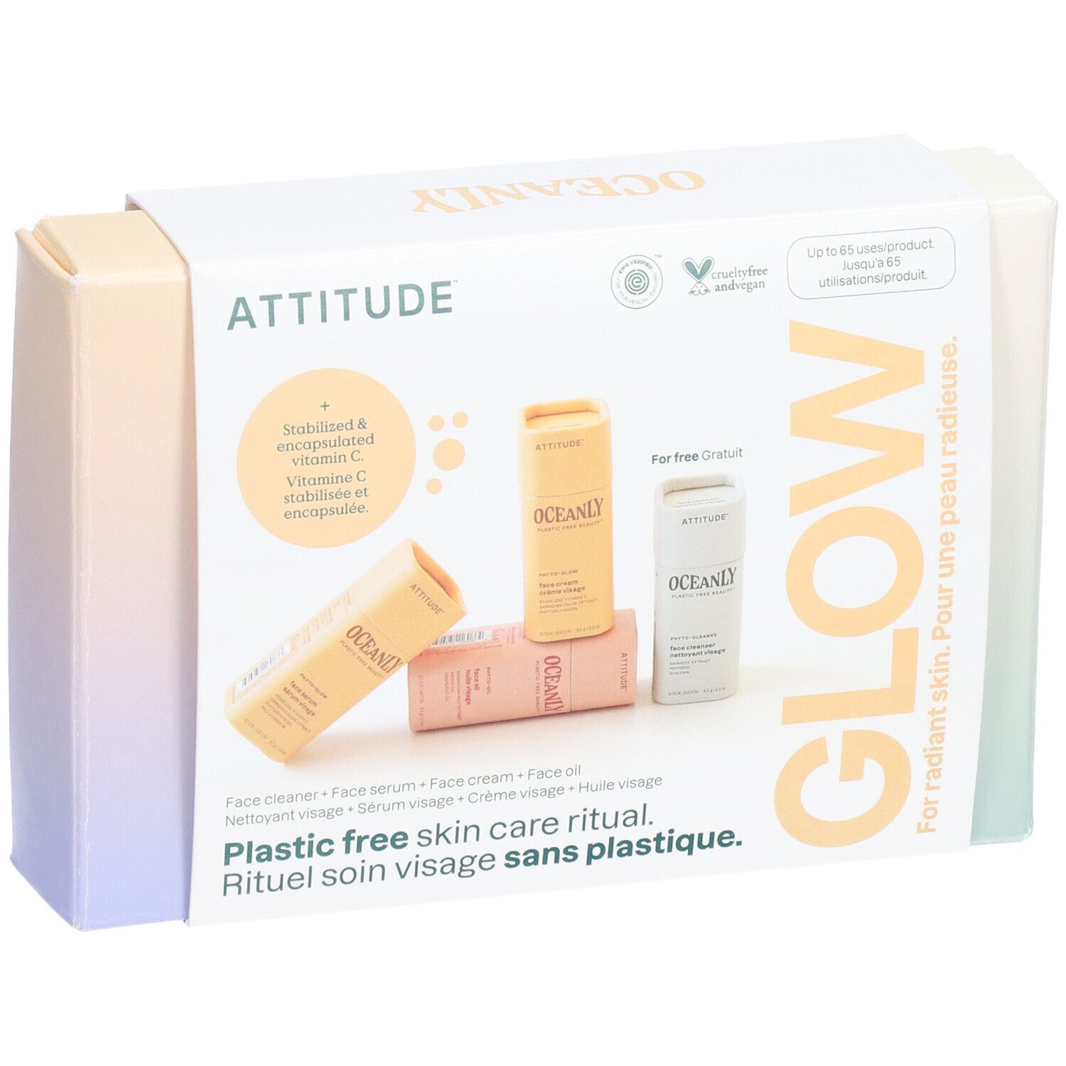 Coffret cadeau avec quatre mini-soins du visage. Contient nettoyant, sérum, crème et huile. Certifié végétalien.
