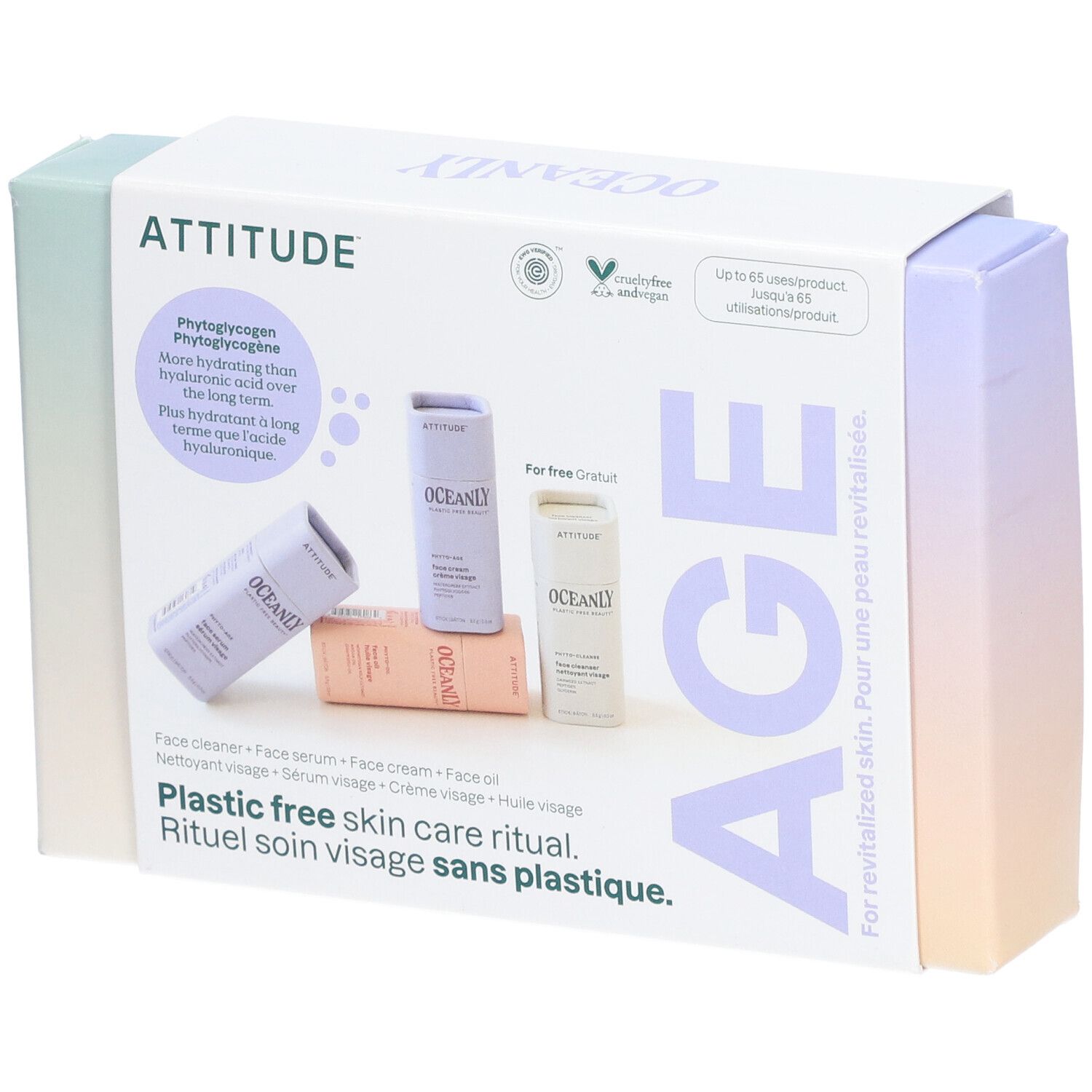 Coffret cadeau avec quatre mini-soins du visage. Marque ATTITUDE, logo vegan. Texte : Rituel soin visage sans plastique.