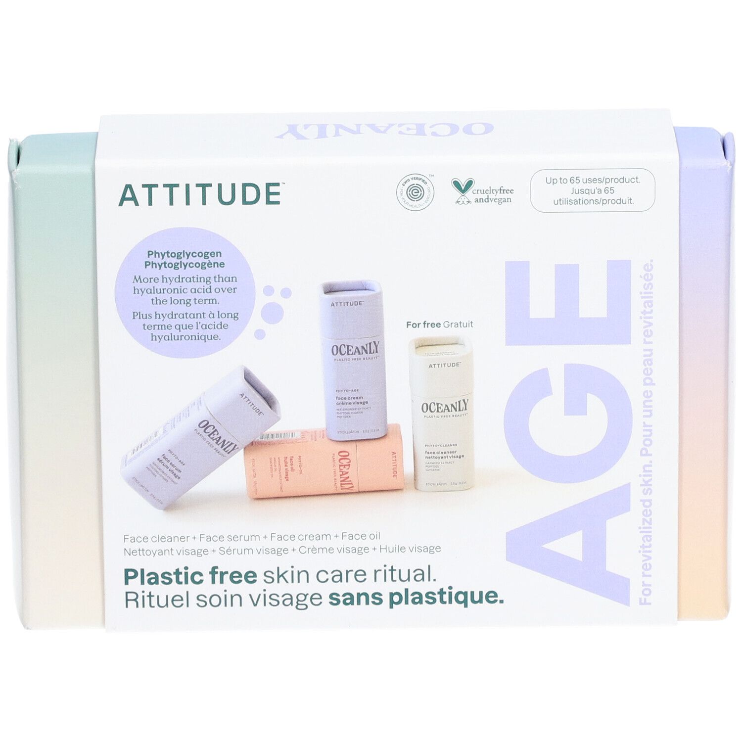 Coffret cadeau avec quatre mini-soins du visage. Marque ATTITUDE, logo vegan. Texte : Rituel soin visage sans plastique.