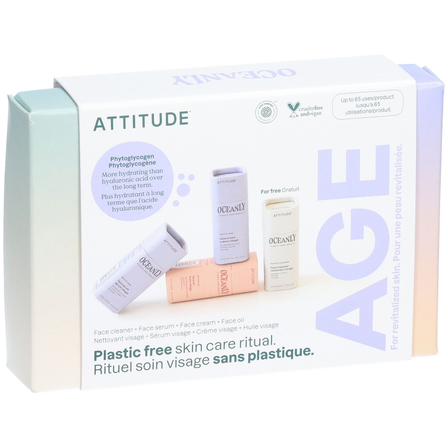 Coffret cadeau avec quatre mini-soins du visage. Marque ATTITUDE, logo vegan. Texte : Rituel soin visage sans plastique.