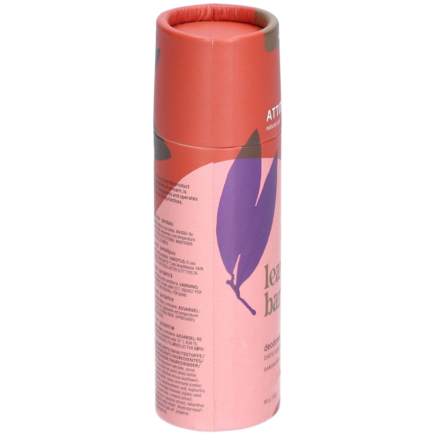 Cilindrische verpakking. Opschrift: leaves bar, Deodorant Sandalwood. Meertalige tekst.