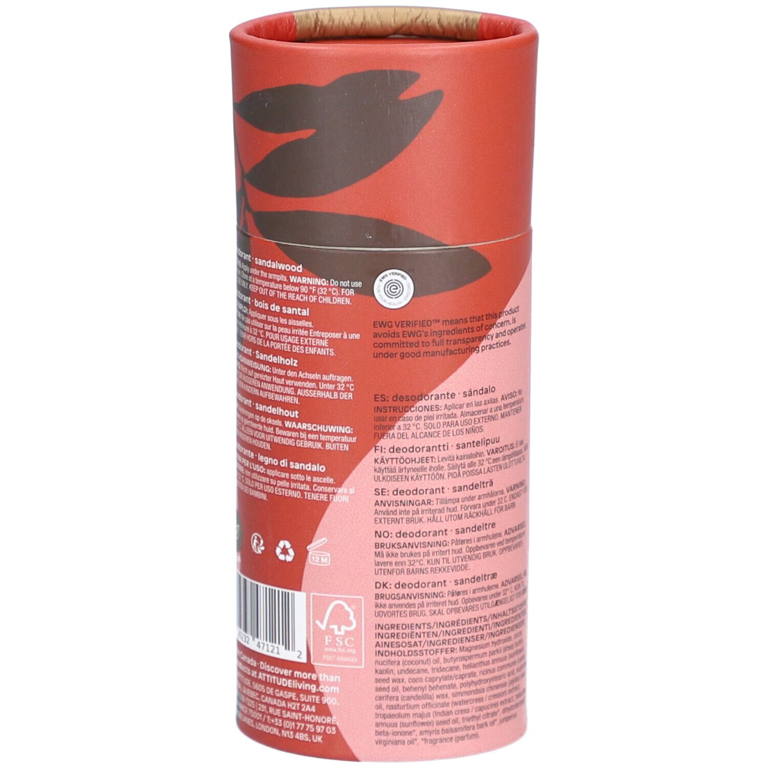 Cilindrische verpakking. Opschrift: Deodorant Sandalwood. Meertalige tekst. FSC-logo.