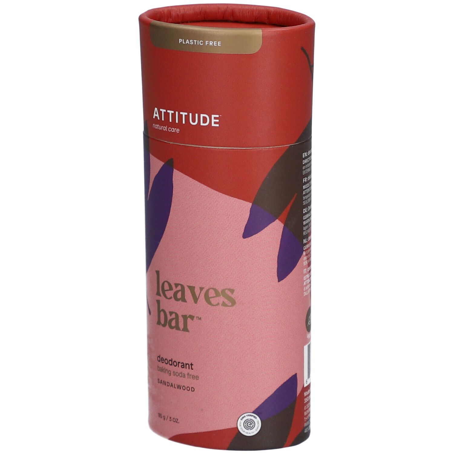 Cilindrische verpakking. Opschrift: ATTITUDE, leaves bar, Deodorant Sandalwood. Plasticvrij.