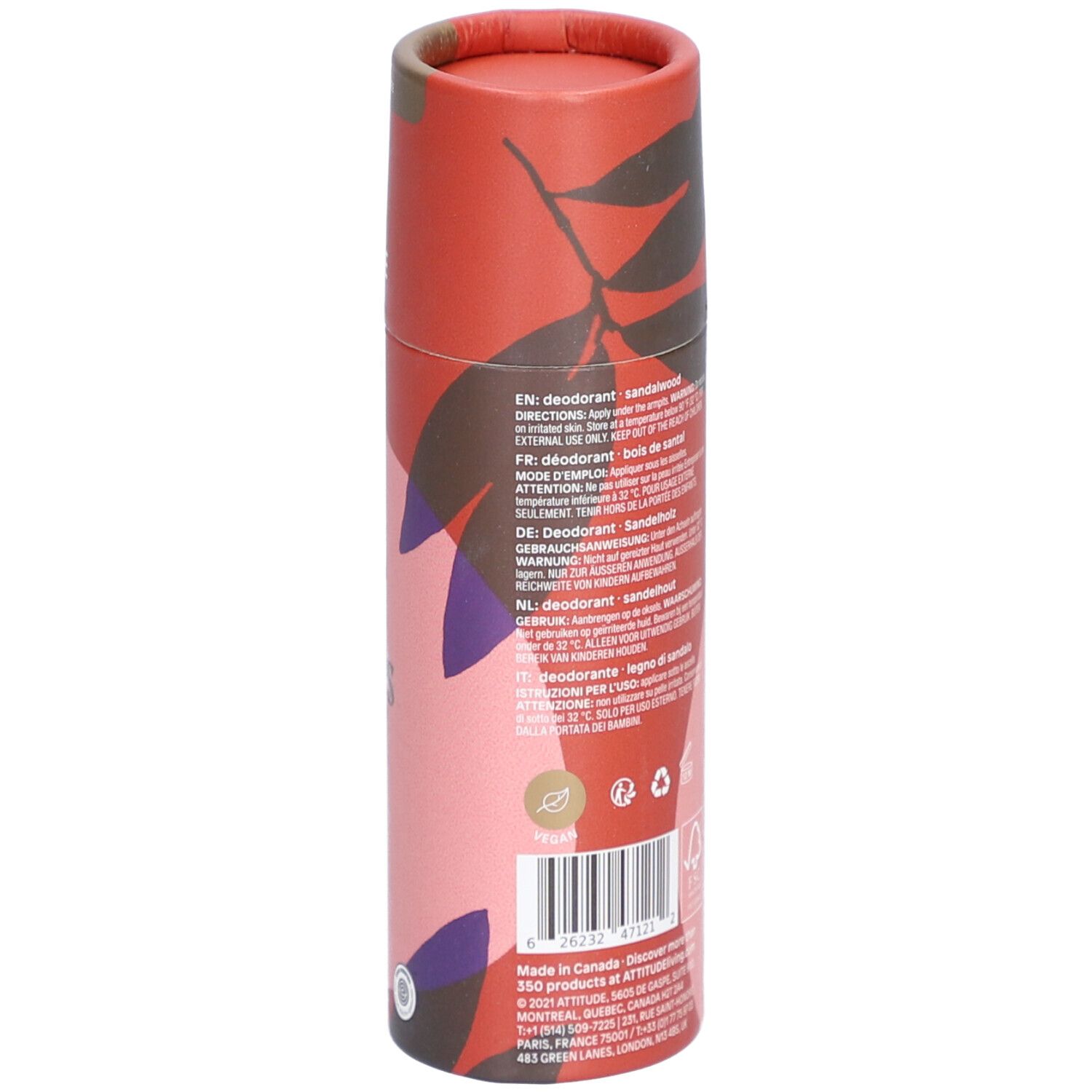 Cilindrische verpakking. Opschrift: Deodorant Sandalwood. Meertalige tekst. Barcode.
