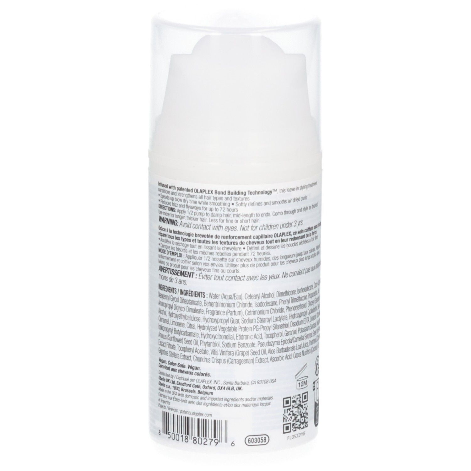 Rückseite der Olaplex Nr. 6 Bond Smoother Flasche mit Barcode und Produktinformationen.
