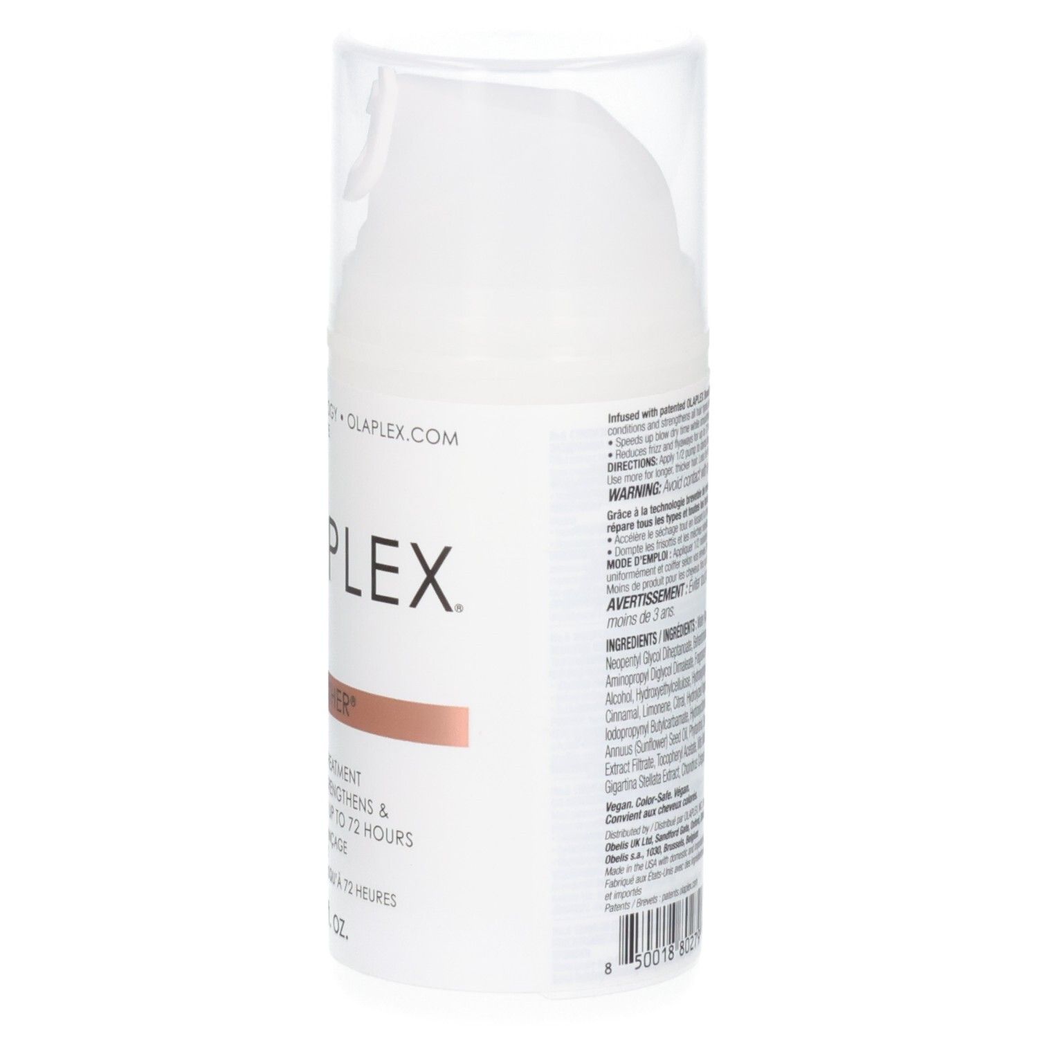 Seitenansicht der Olaplex Nr. 6 Bond Smoother Flasche mit Produktinformationen.