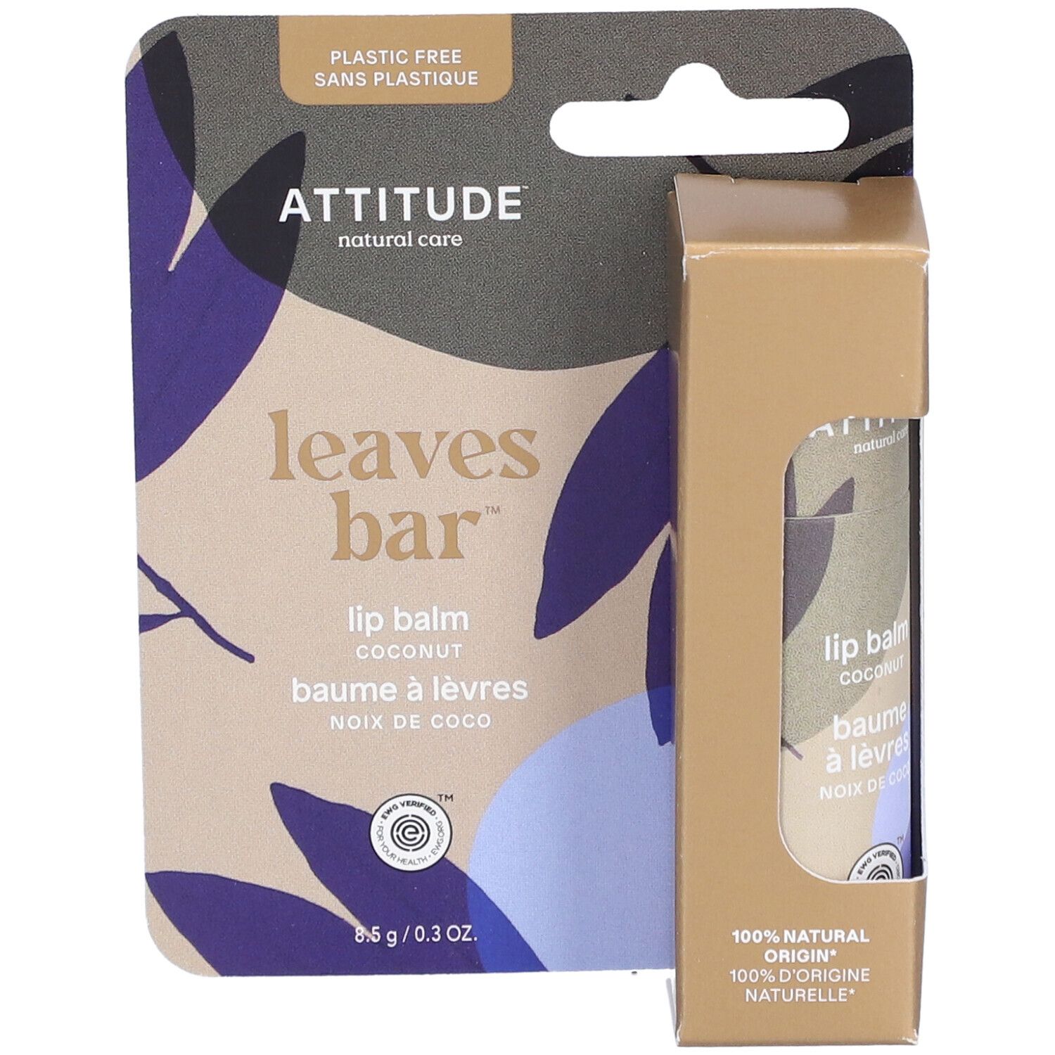 Baume à lèvres Attitude, noix de coco, dans son emballage. Carton avec informations et fenêtre.