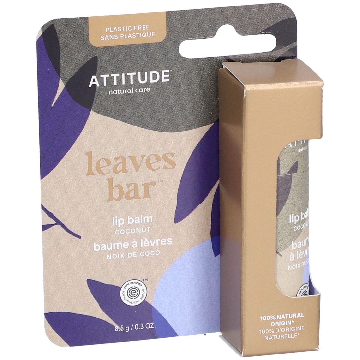 Baume à lèvres Attitude, noix de coco, dans son emballage. Carton avec informations et fenêtre.