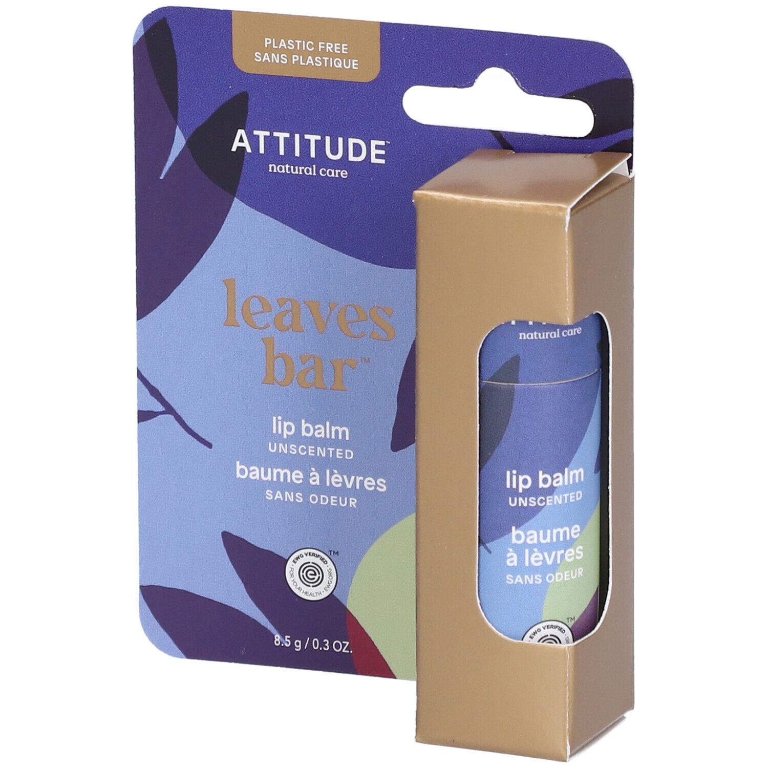 Baume à lèvres Attitude, leaves bar, sans parfum. Emballage et étiquette avec motifs floraux. Présentation en carton.