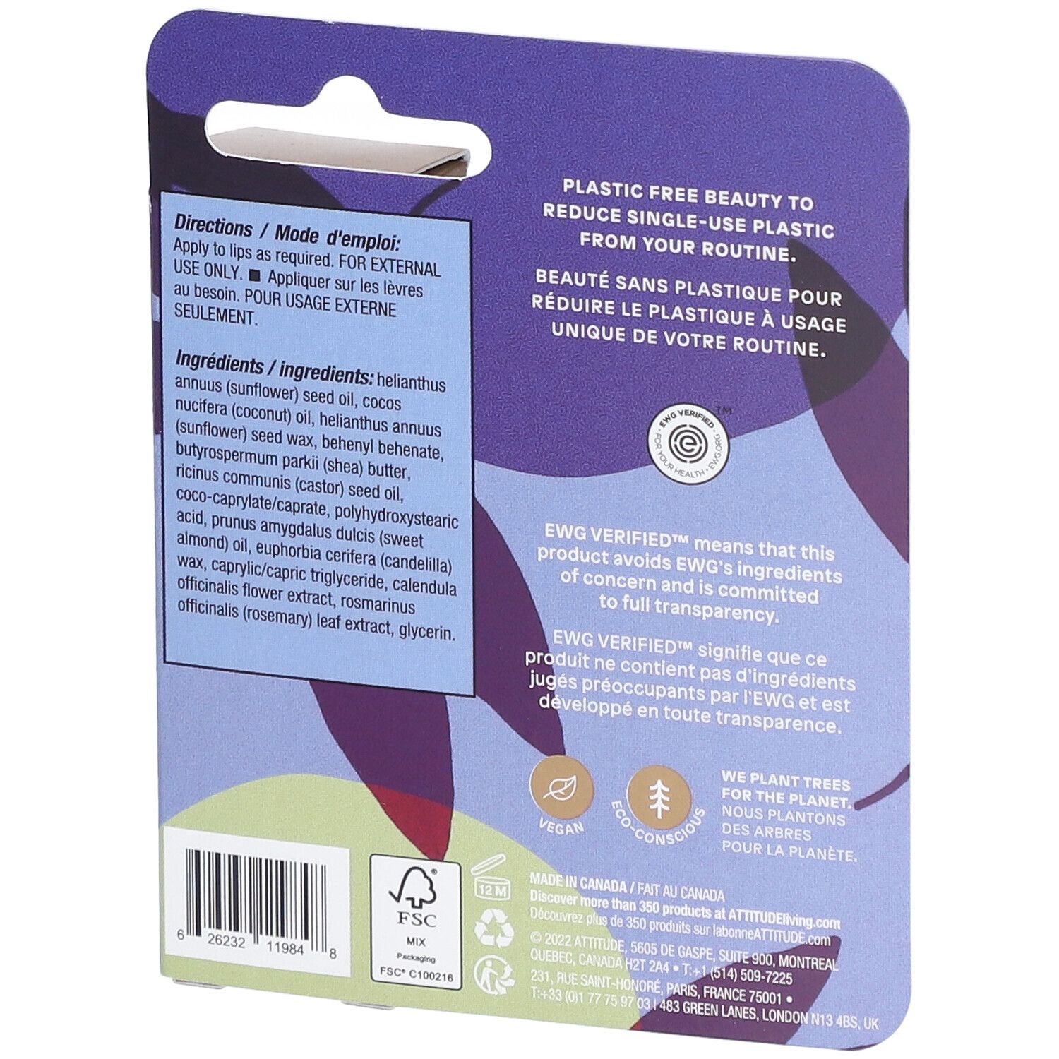 Dos de l'emballage du baume à lèvres. Contient ingrédients, instructions et certifications. Vegan et éco-conscient.