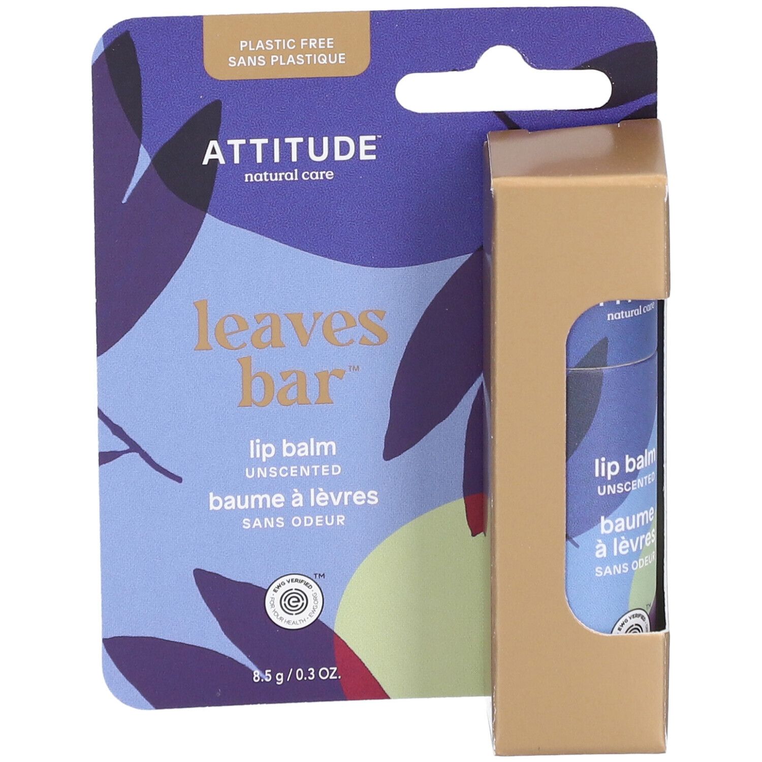 Baume à lèvres Attitude, leaves bar, sans parfum. Emballage et étiquette avec motifs floraux. Présentation en carton.