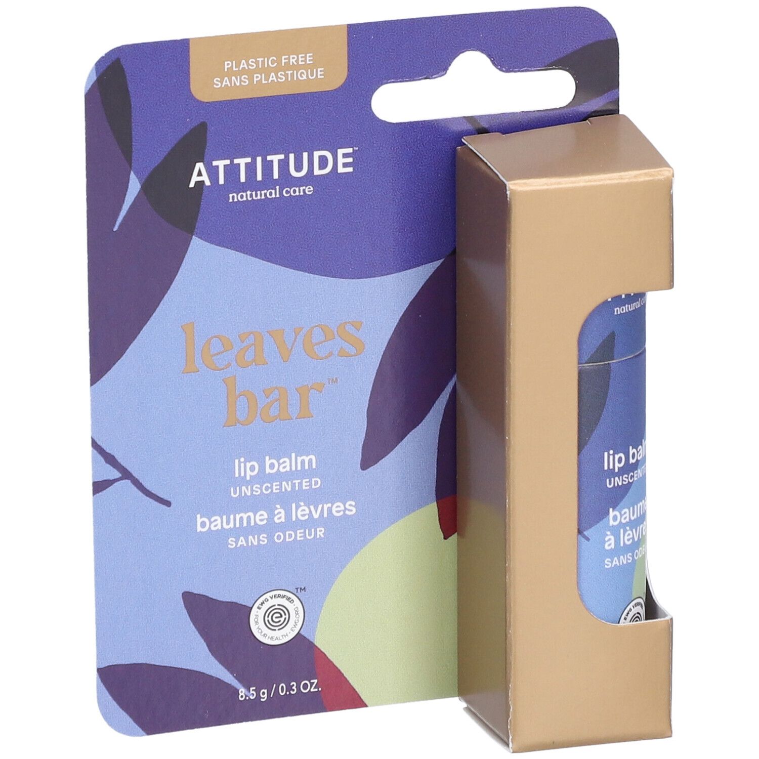 Baume à lèvres Attitude, leaves bar, sans parfum. Emballage et étiquette avec motifs floraux. Présentation en carton.