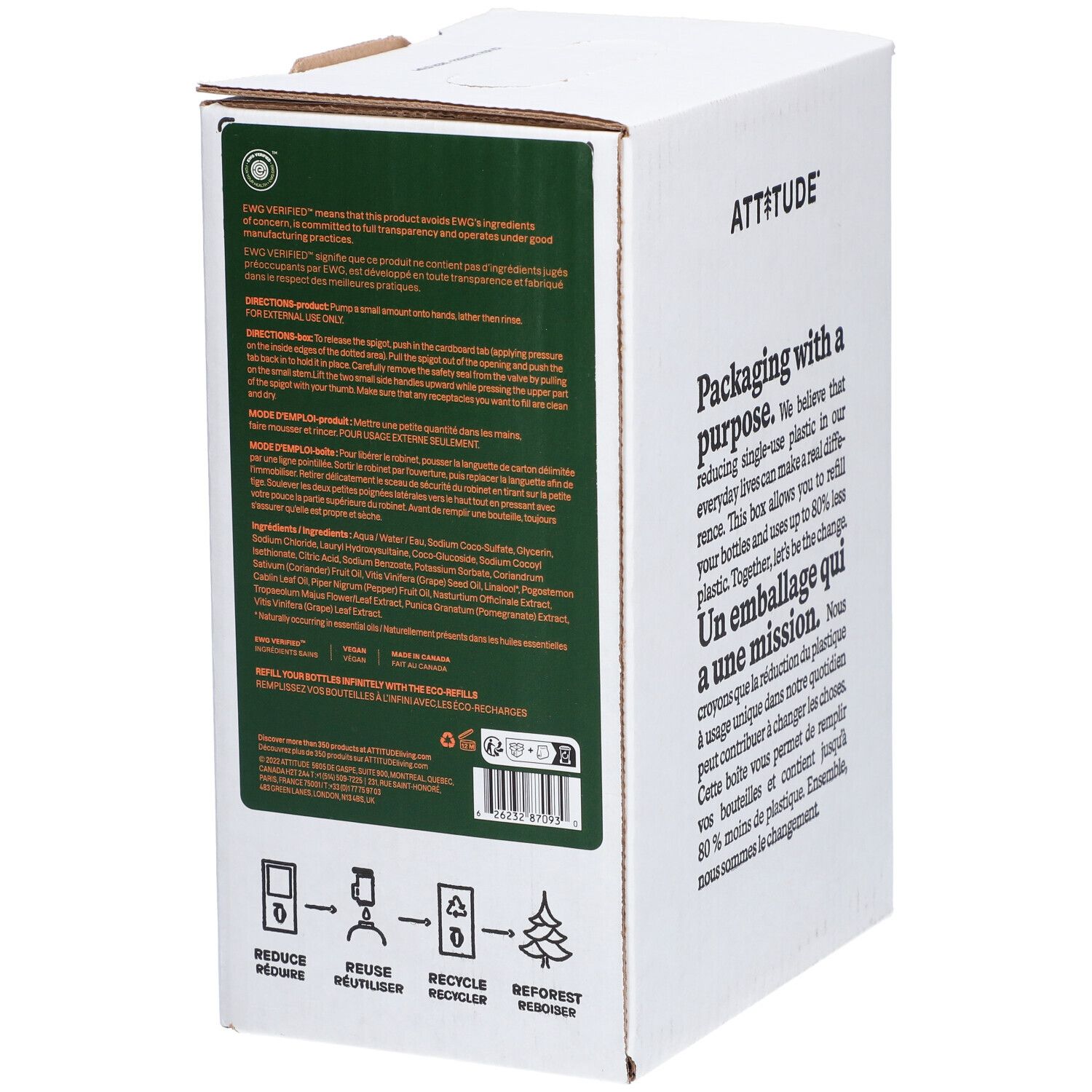 Boîte blanche avec texte et informations produit vertes. Symboles de recyclage en bas.
