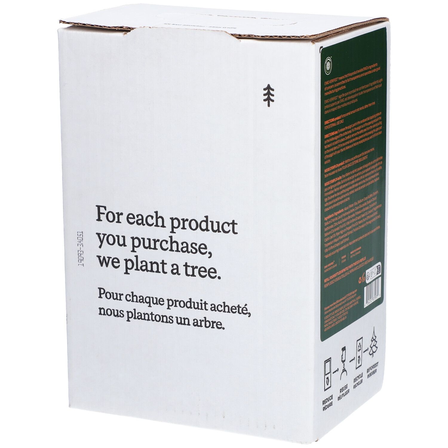 Boîte blanche avec texte : "Pour chaque produit, nous plantons un arbre." Informations produit vertes.