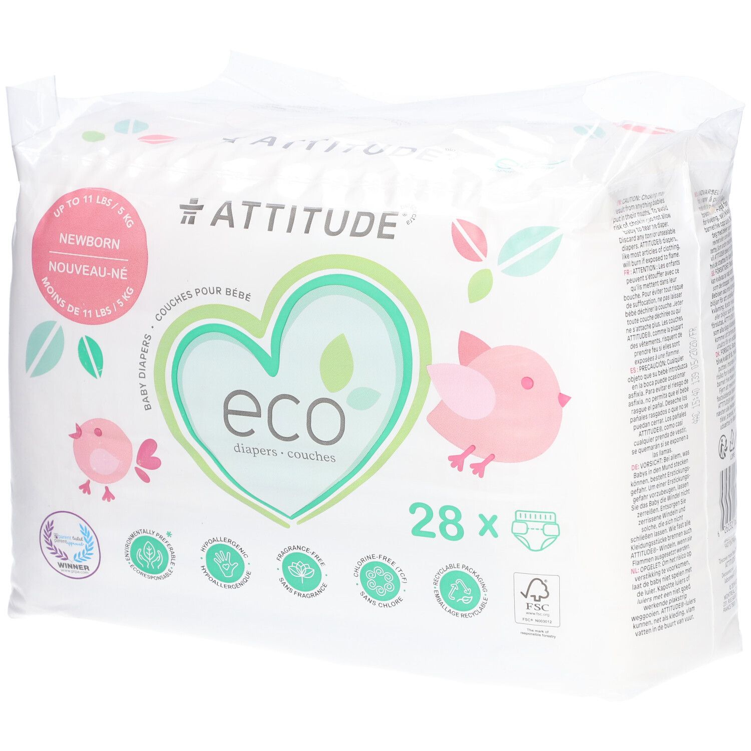 Windelpackung mit 28 Windeln für Neugeborene. Marke: Attitude Eco. Verpackung mit Illustrationen von Vögeln und Blättern.