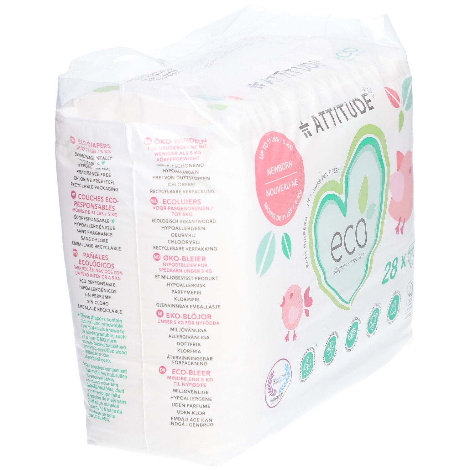 Windelpackung mit 28 Windeln für Neugeborene. Marke: Attitude Eco. Verpackung mit Texten in verschiedenen Sprachen.