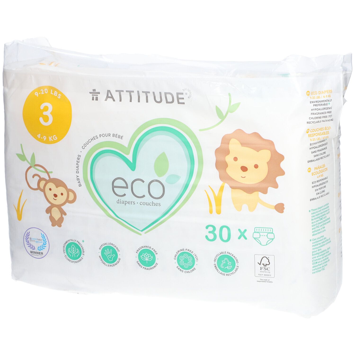 Paquet de couches Attitude Eco, taille 3, 4-9 kg. 30 couches. Illustrations de singe et lion. Emballage blanc avec logos.
