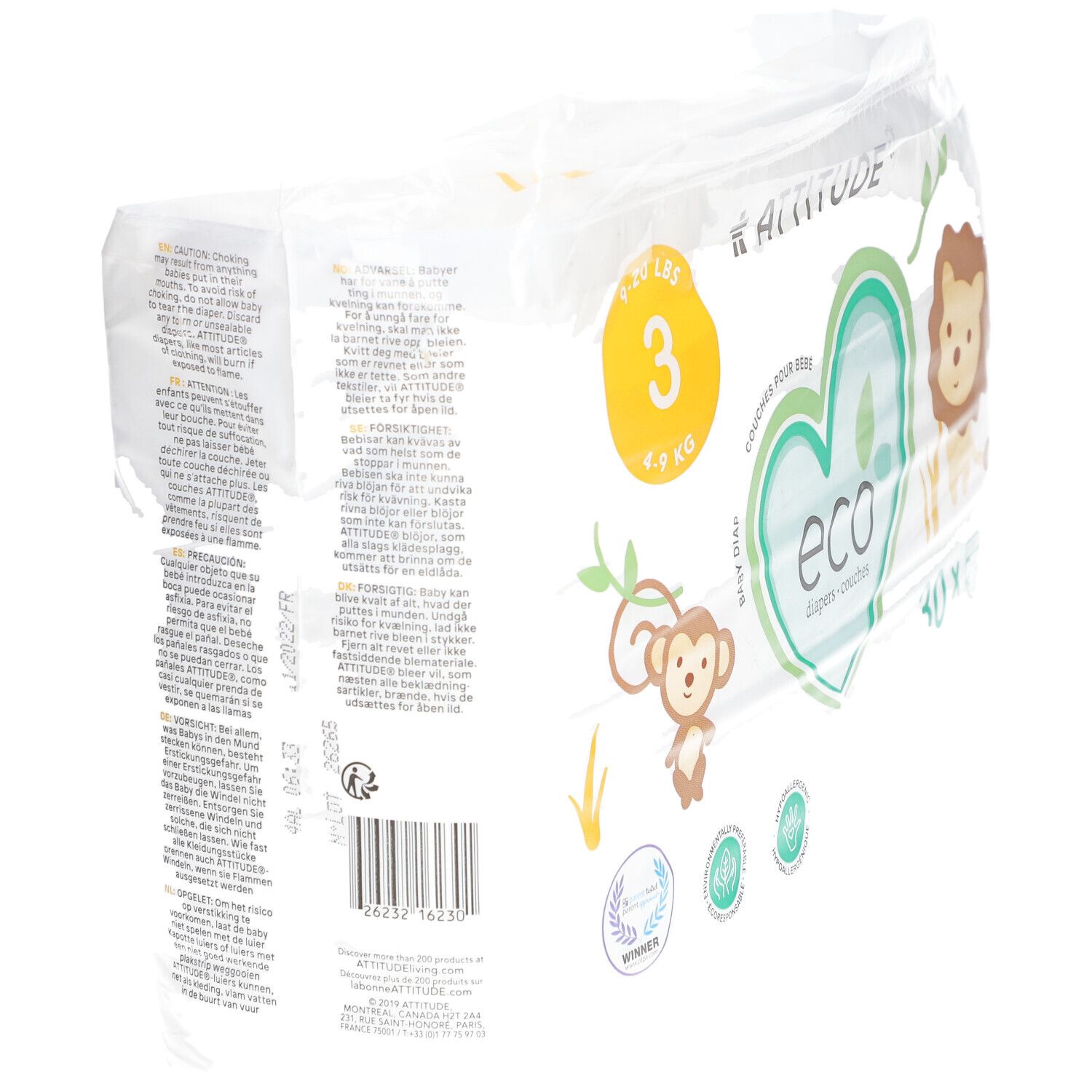 Vue latérale du paquet de couches Attitude Eco, taille 3, 4-9 kg. Texte multilingue. Code-barres visible.