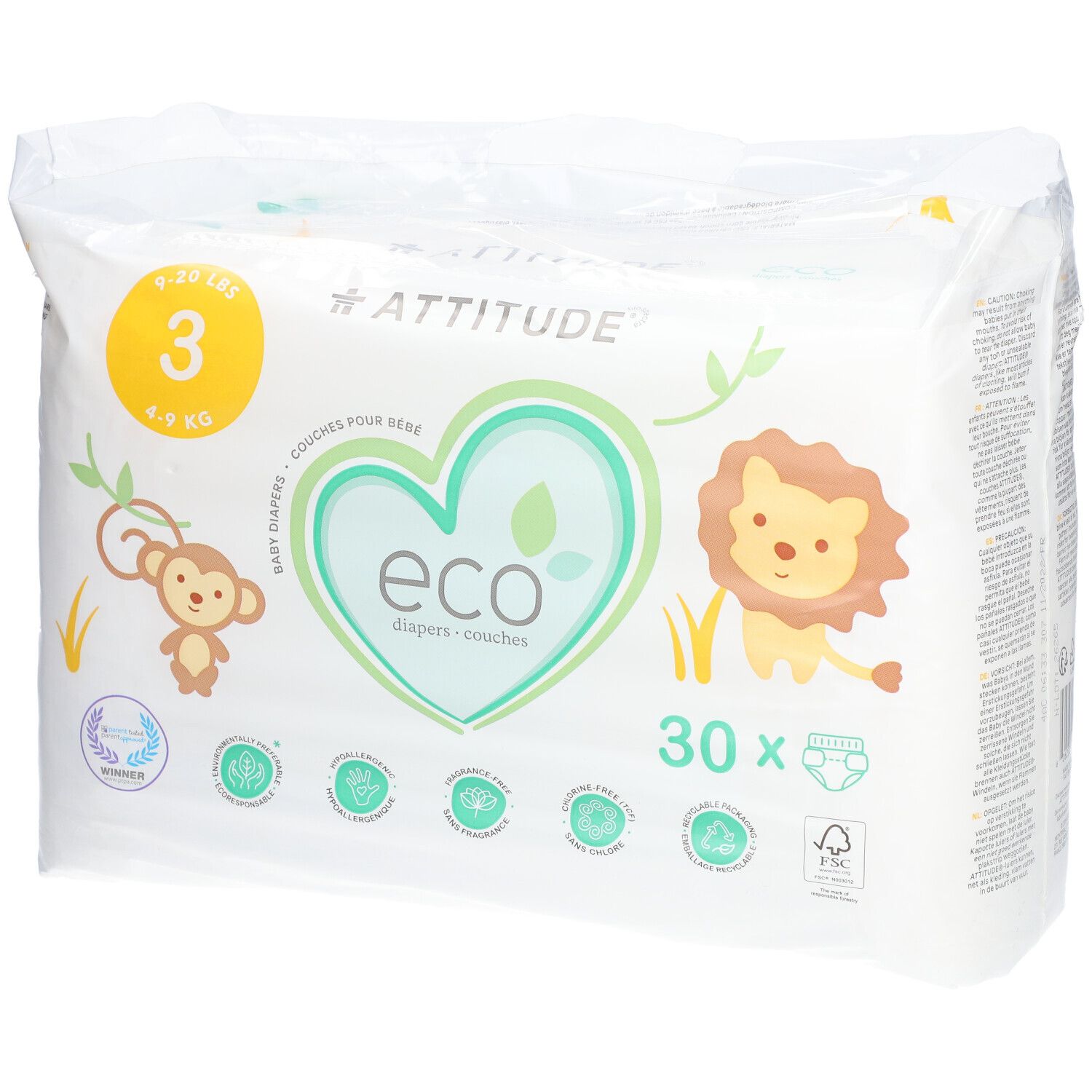 Paquet de couches Attitude Eco, taille 3, 4-9 kg. 30 couches. Illustrations de singe et lion. Emballage blanc avec logos.