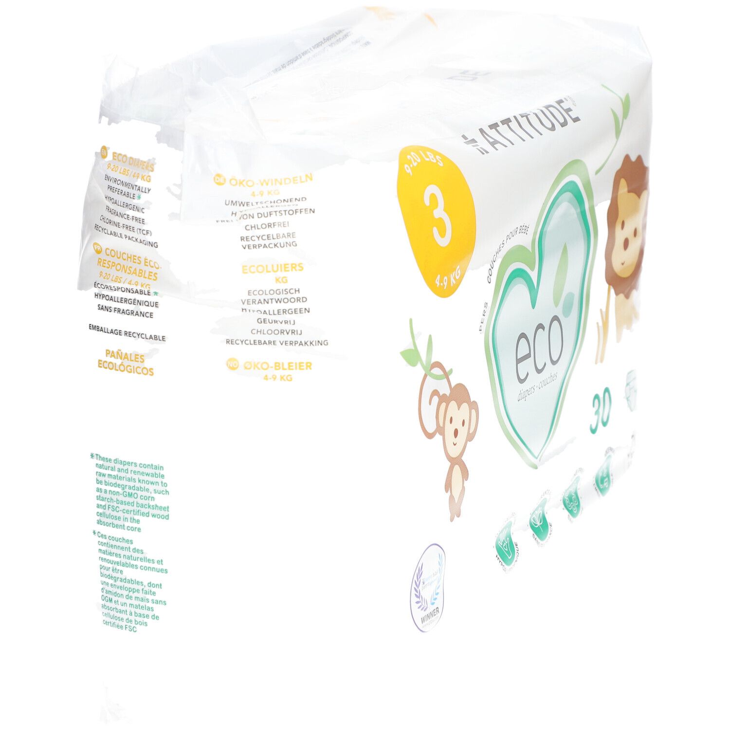 Vue latérale du paquet de couches Attitude Eco, taille 3, 4-9 kg. Texte multilingue.