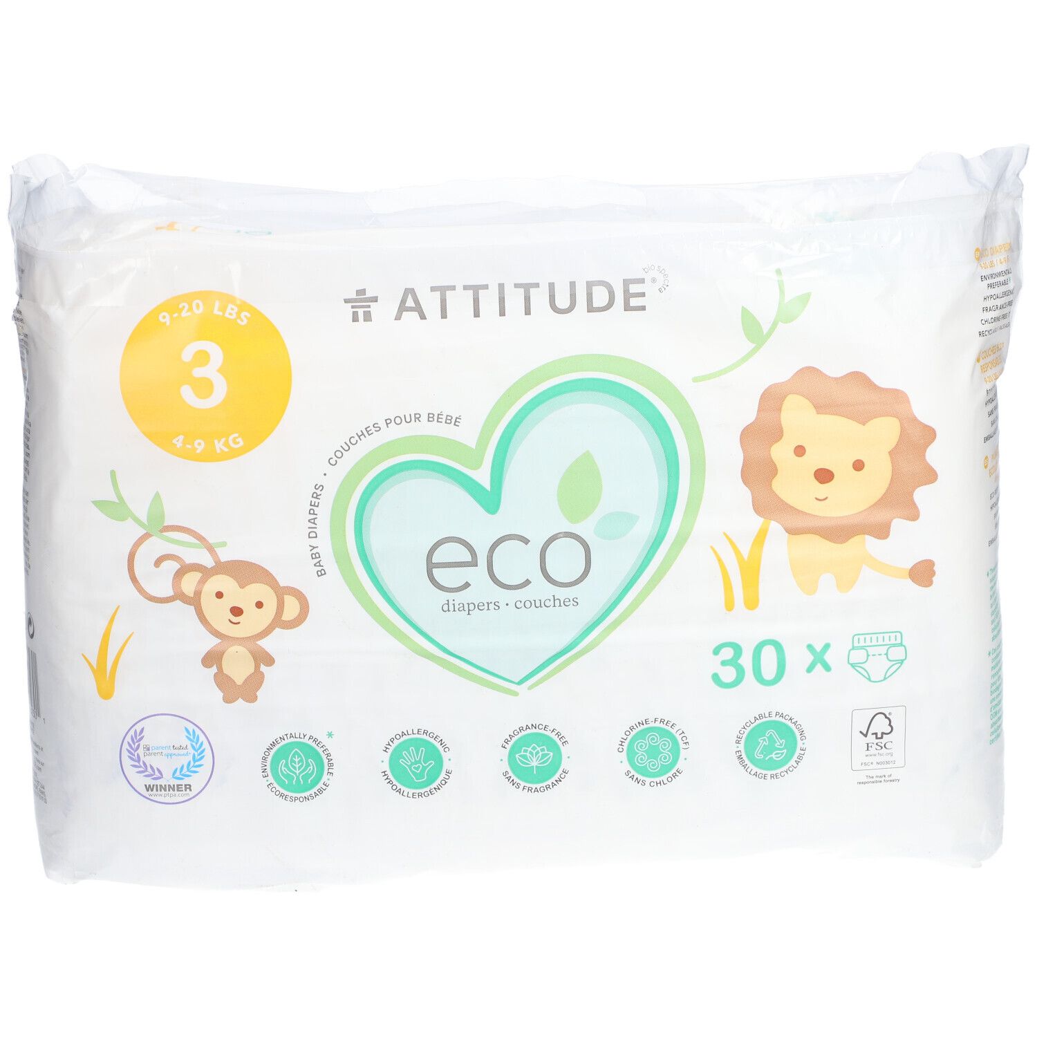 Paquet de couches Attitude Eco, taille 3, 4-9 kg. 30 couches. Illustrations de singe et lion. Emballage blanc avec logos.